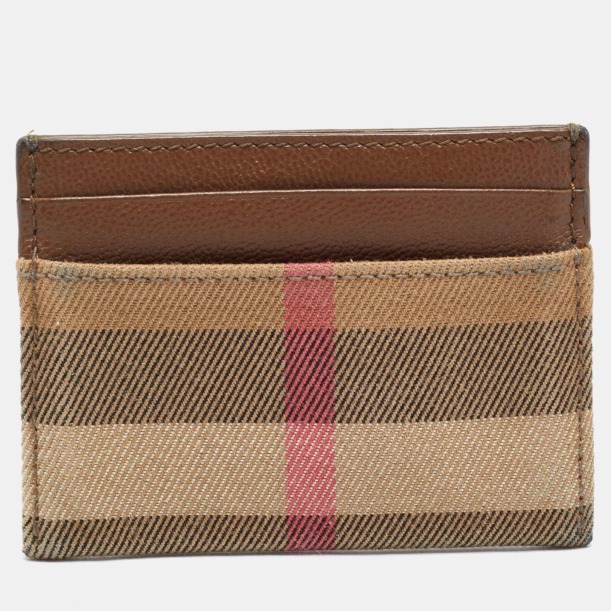 Pre Owned Burberry Sandon Beige/Brown House Check Canvas and Leather Card Holder