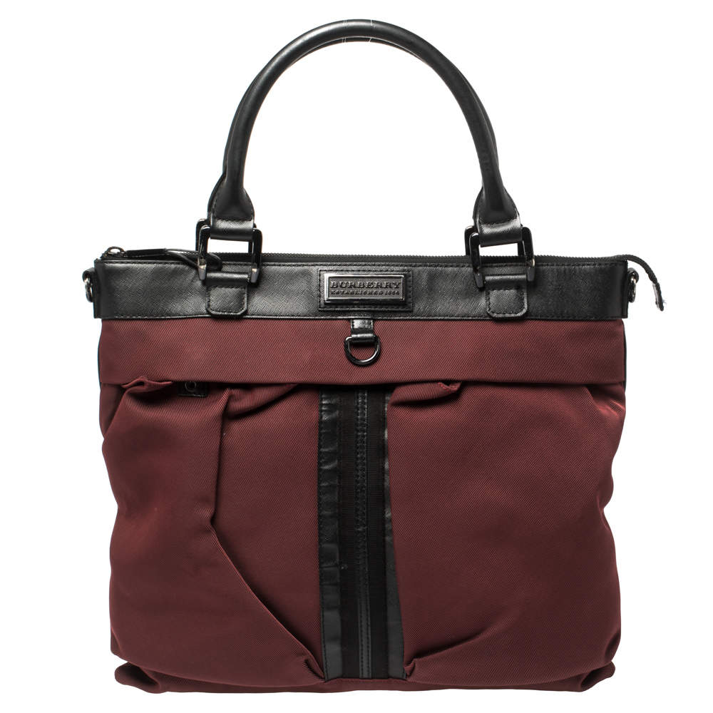 Burberry Burgundy/Black Nylon and Leather Tote