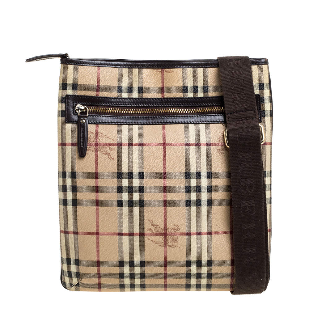 Pre Owned Burberry Beige/Brown Haymarket Check Coated Canvas Pocket Zip Messenger Bag