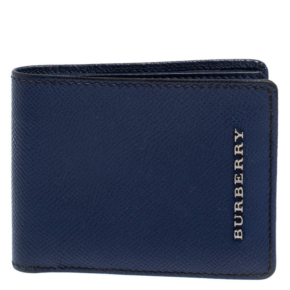 Burberry Navy Blue Leather Logo Bifold Compact Wallet