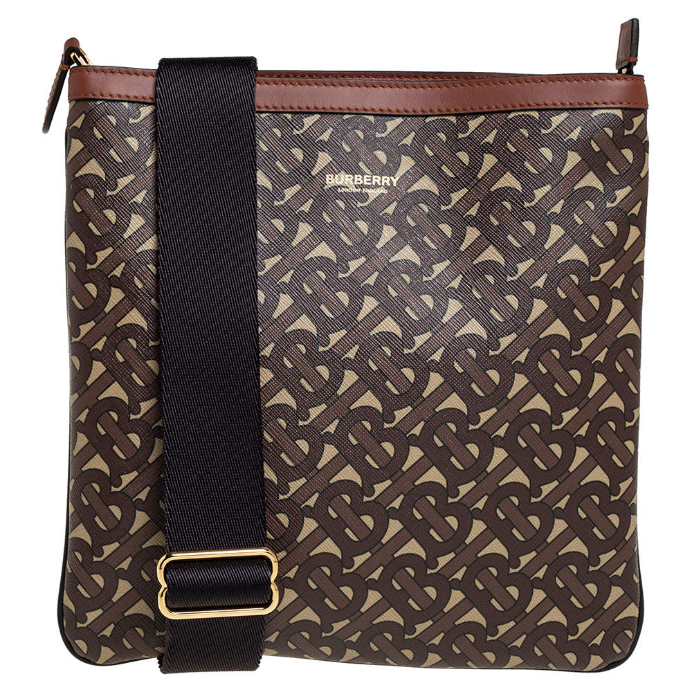 Pre Owned Burberry Brown TB Monogram Coated Canvas and Leather Trim Messenger Bag