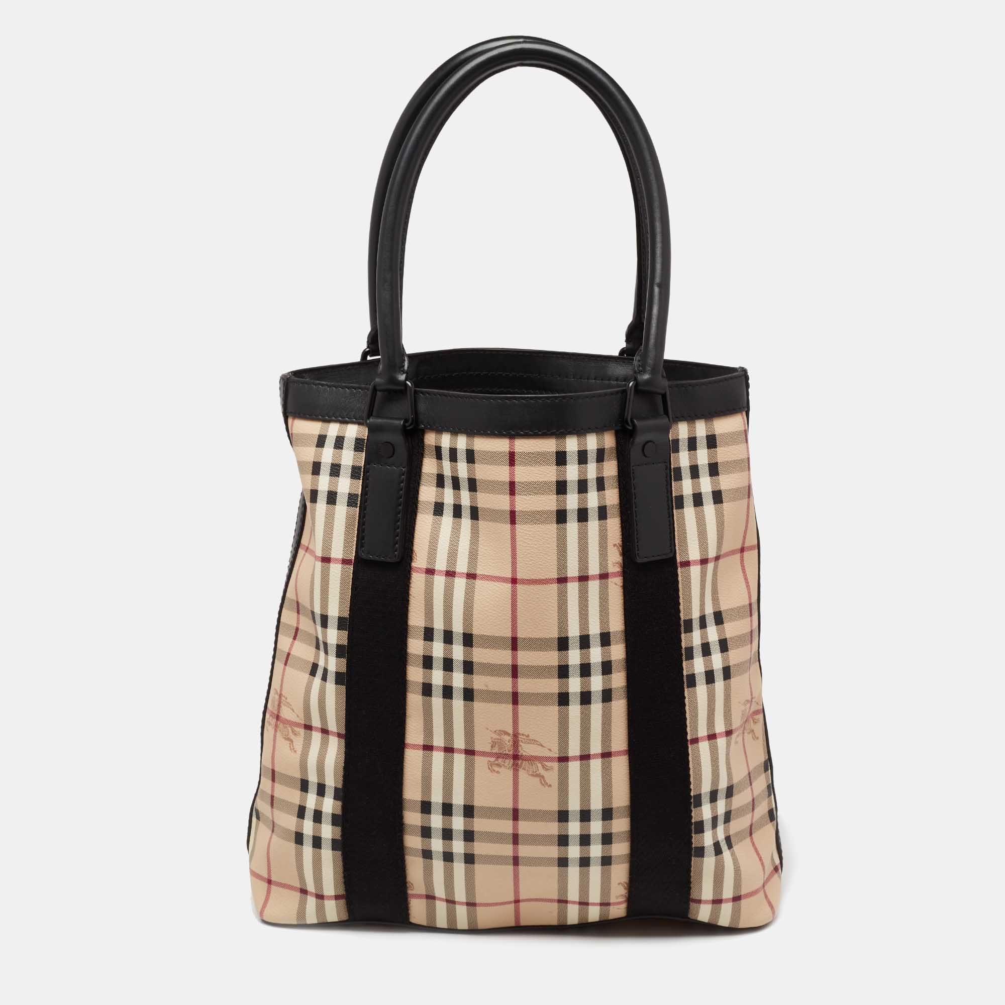 Burberry Beige/Black Haymarket Check Coated Canvas Vertical Tote