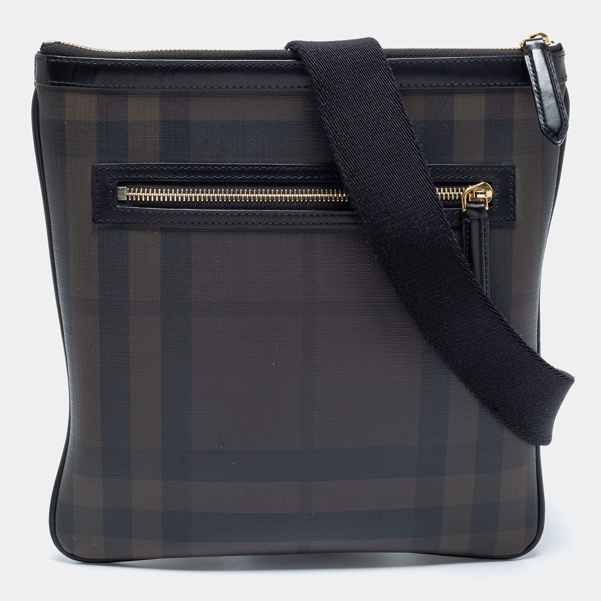 Pre Owned Burberry Black/Dark Brown Smoke Checked PVC And Leather Messenger Bag