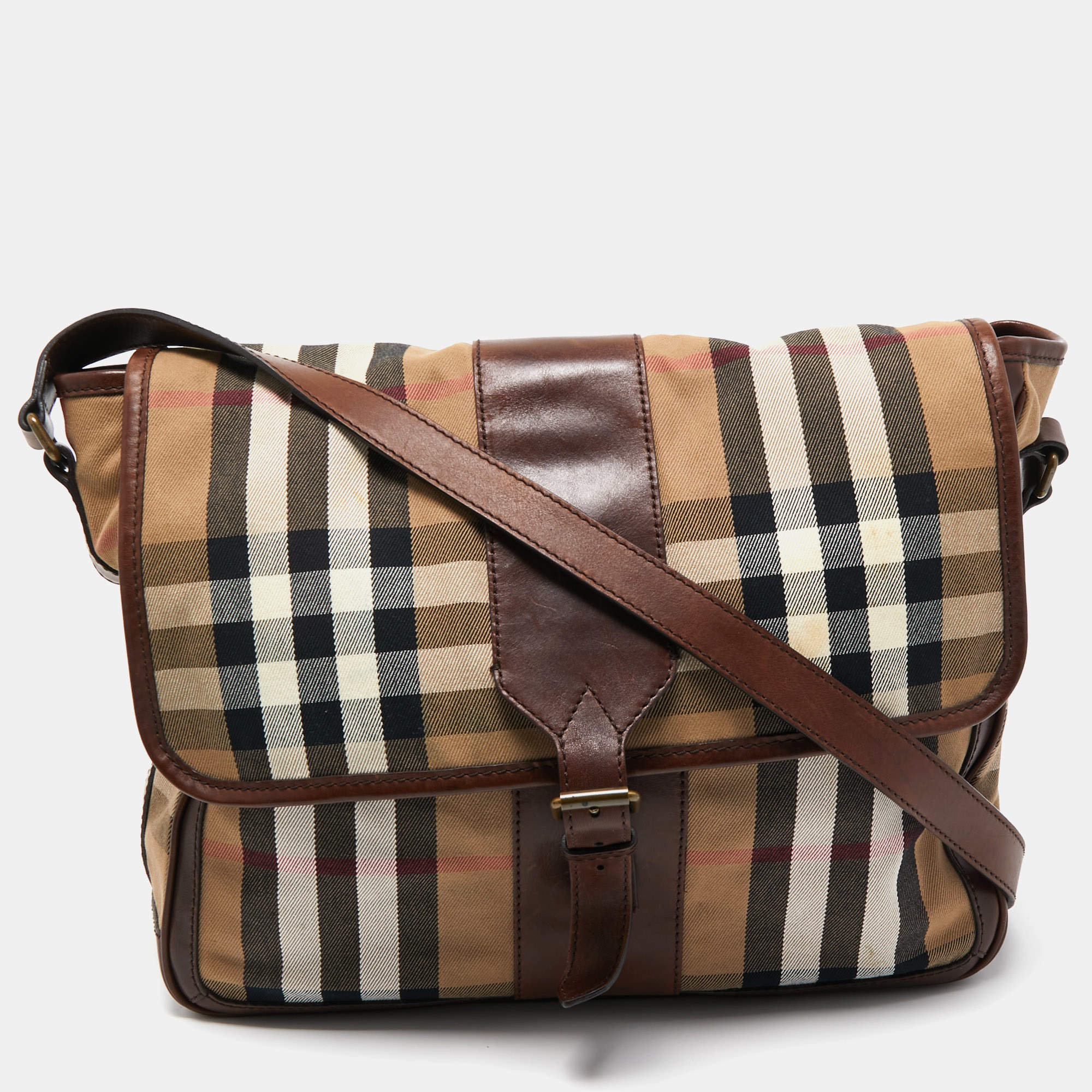 Burberry Brown/Beige Beige House Check Canvas and Leather Messenger Bag