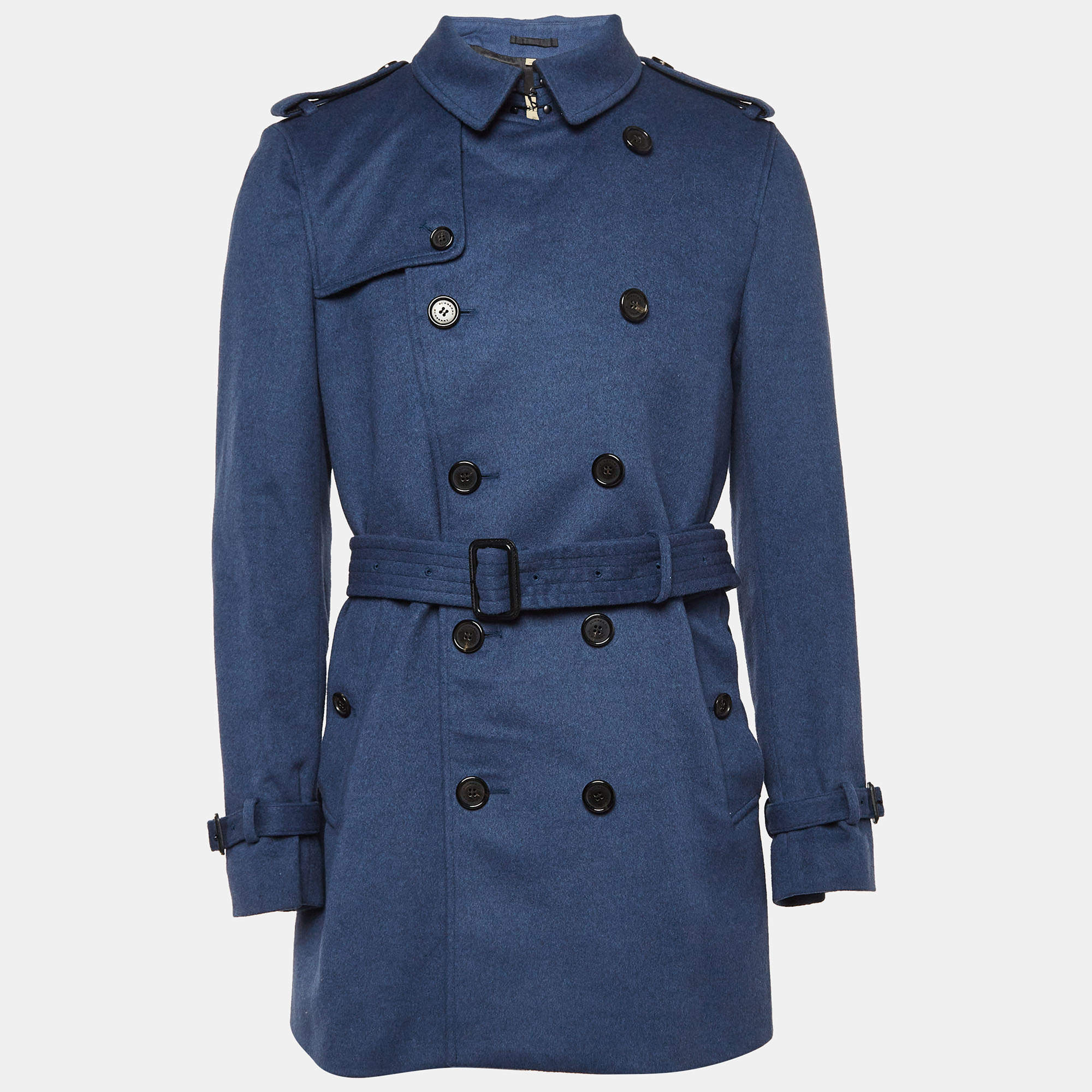 Burberry Blue Wool Double Breasted Trench Coat XL
