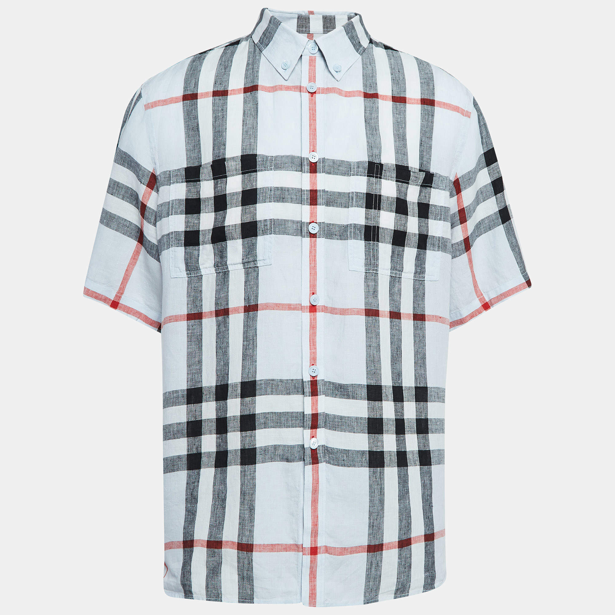 Pre Owned Burberry Blue Checked Linen Short Sleeve Shirt XL