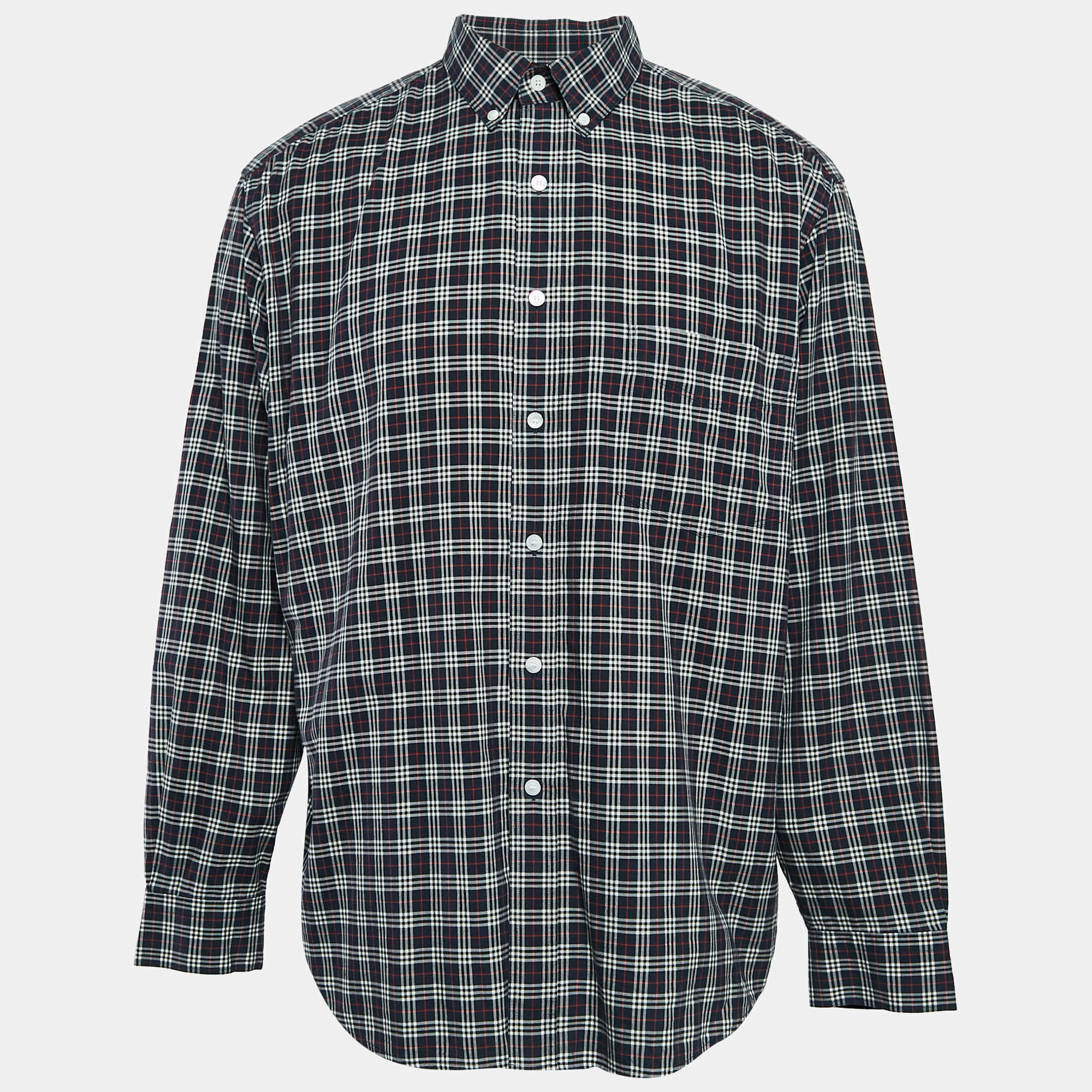 Burberry Navy Blue Plaid Cotton Button-Down Shirt XXL