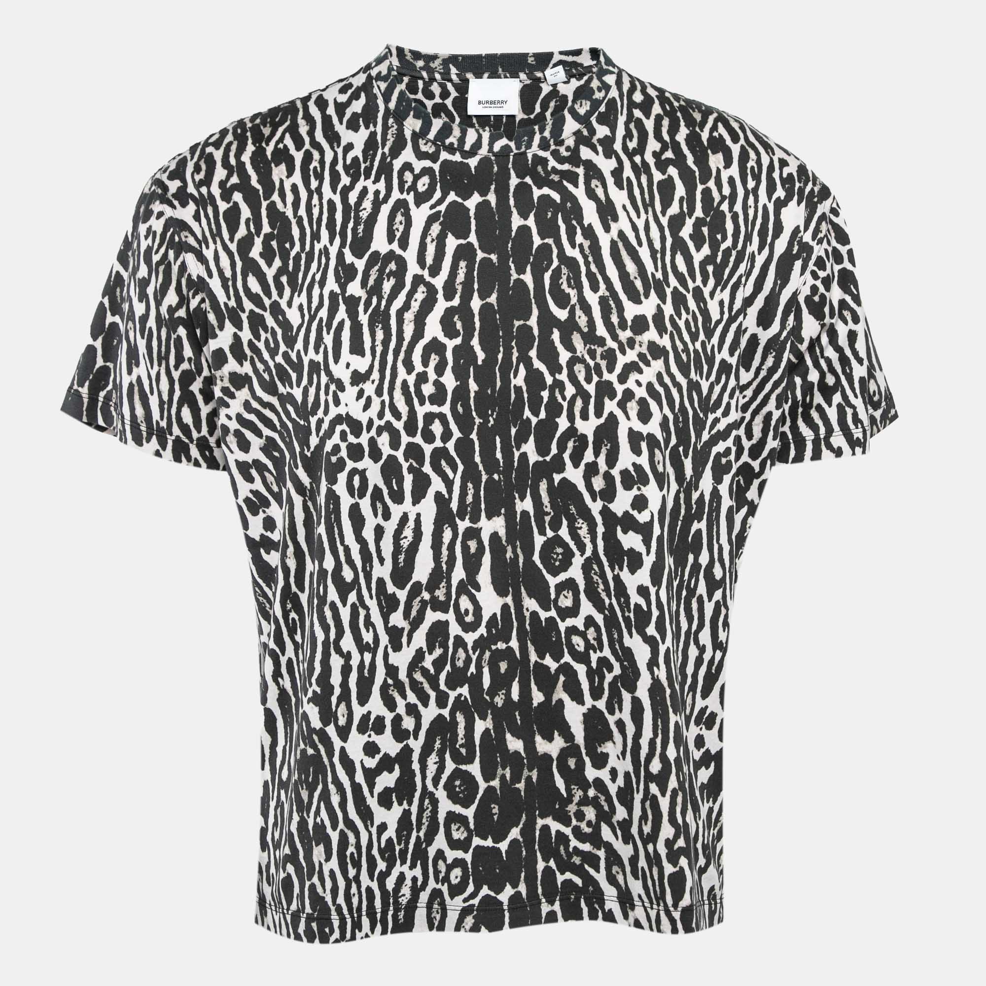 Pre Owned Burberry Black Leopard Print Cotton Jersey Oversized T-Shirt S