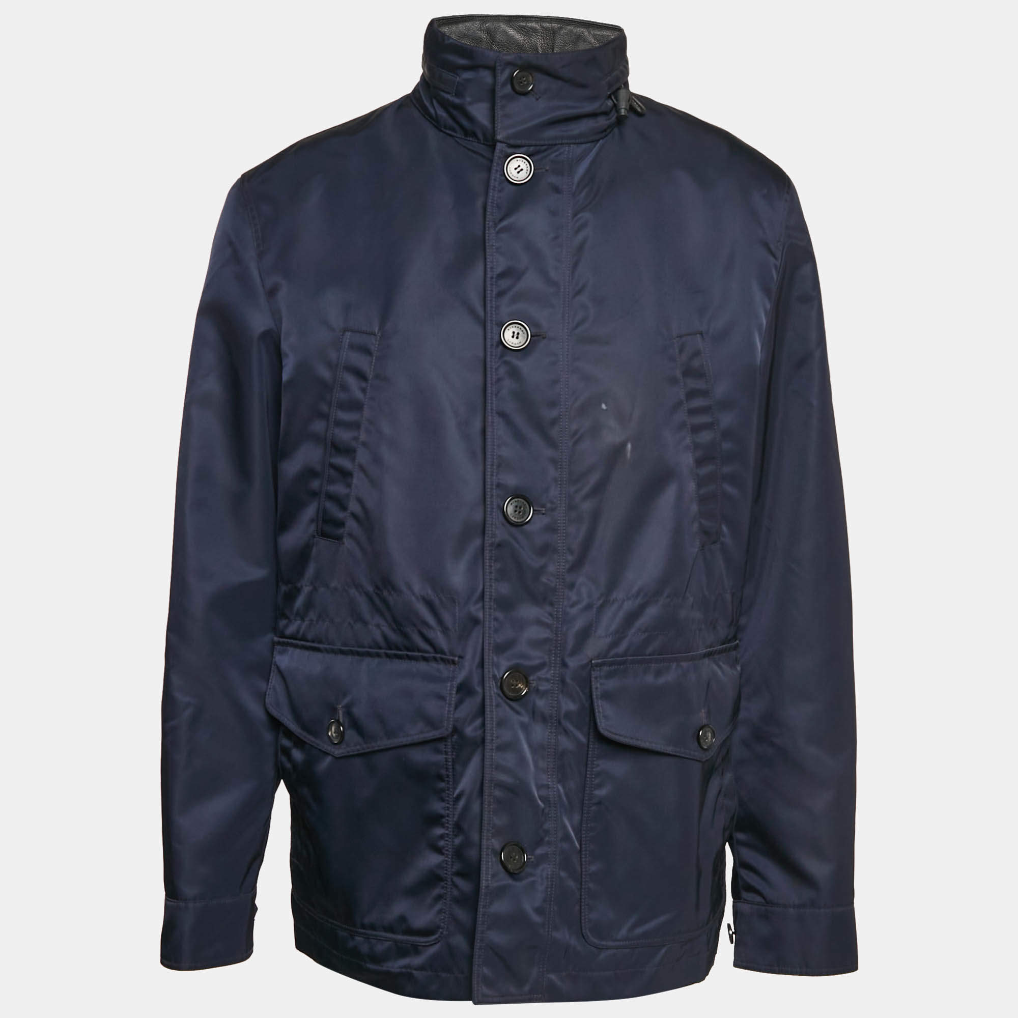 Burberry Navy Blue Synthetic Leather Trim Hooded Jacket XXL