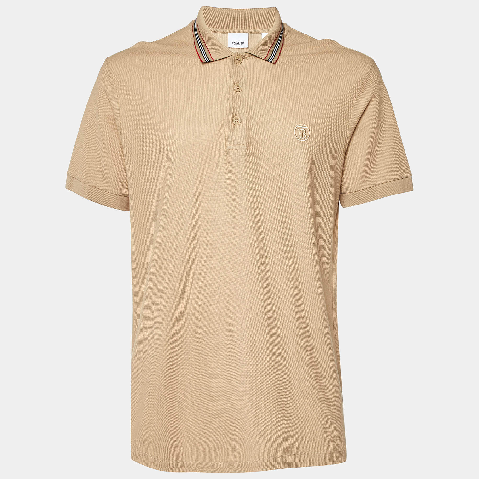 Pre Owned Burberry Beige Logo Embroidered Cotton Polo T-Shirt L
