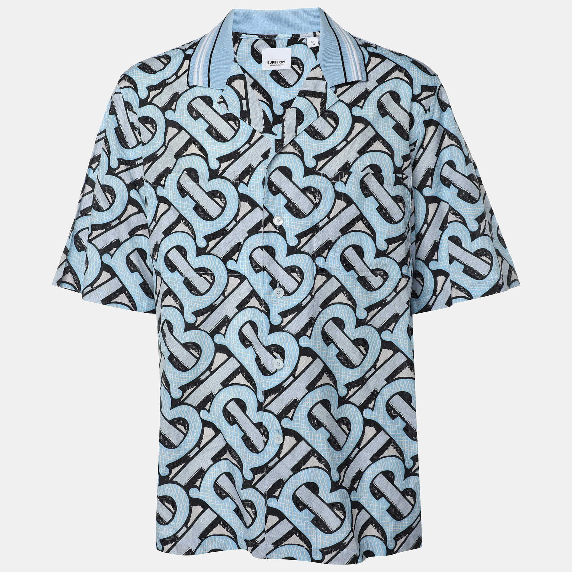 Pre Owned Burberry Blue TB Logo Monogram Cotton & Knit Collar Detail Bowling Shirt XL