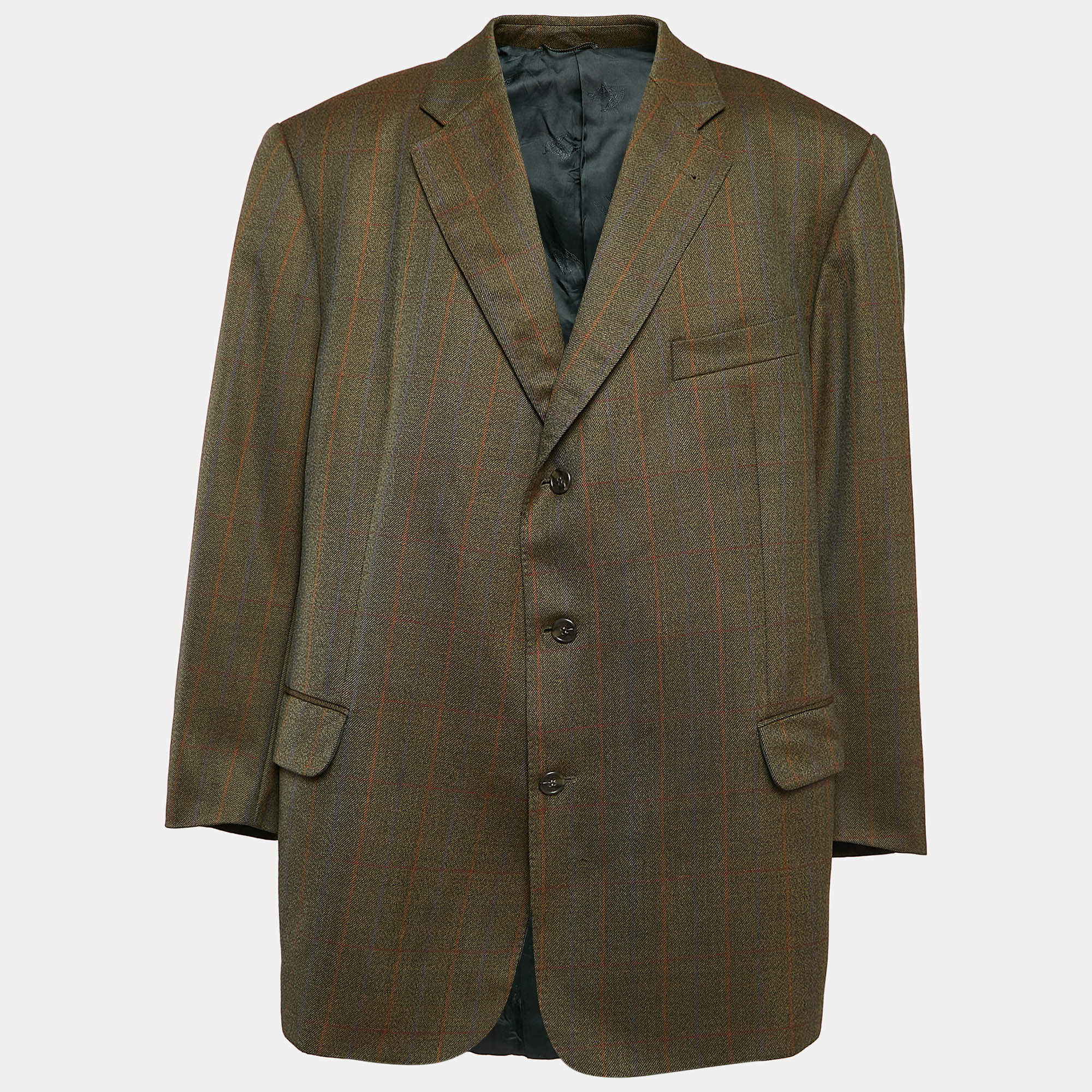 Pre Owned Burberry Vintage Khaki Green Plaid Wool Single Breasted Blazer 5XL