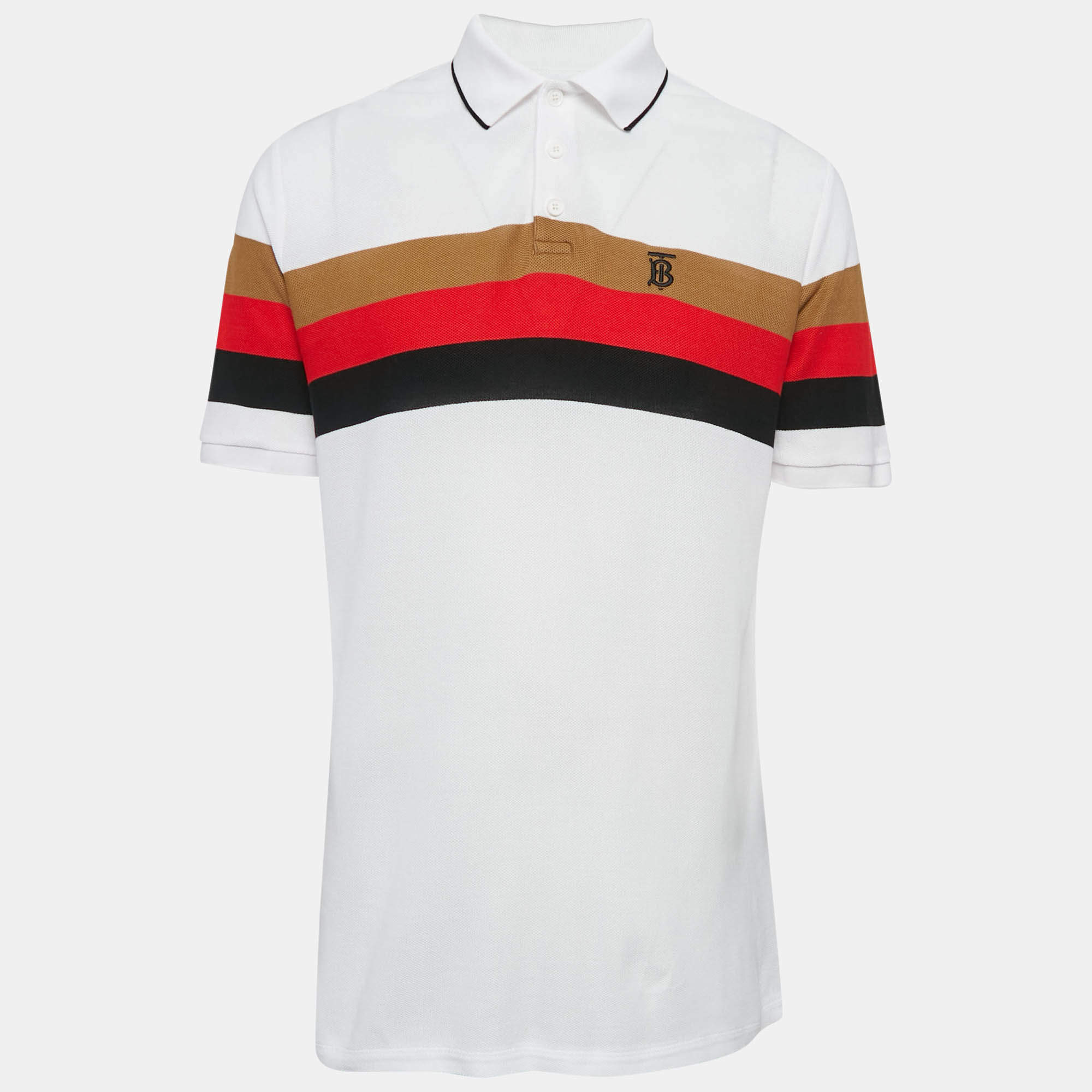 Pre Owned Burberry White Striped Cotton Pique Polo T-Shirt M
