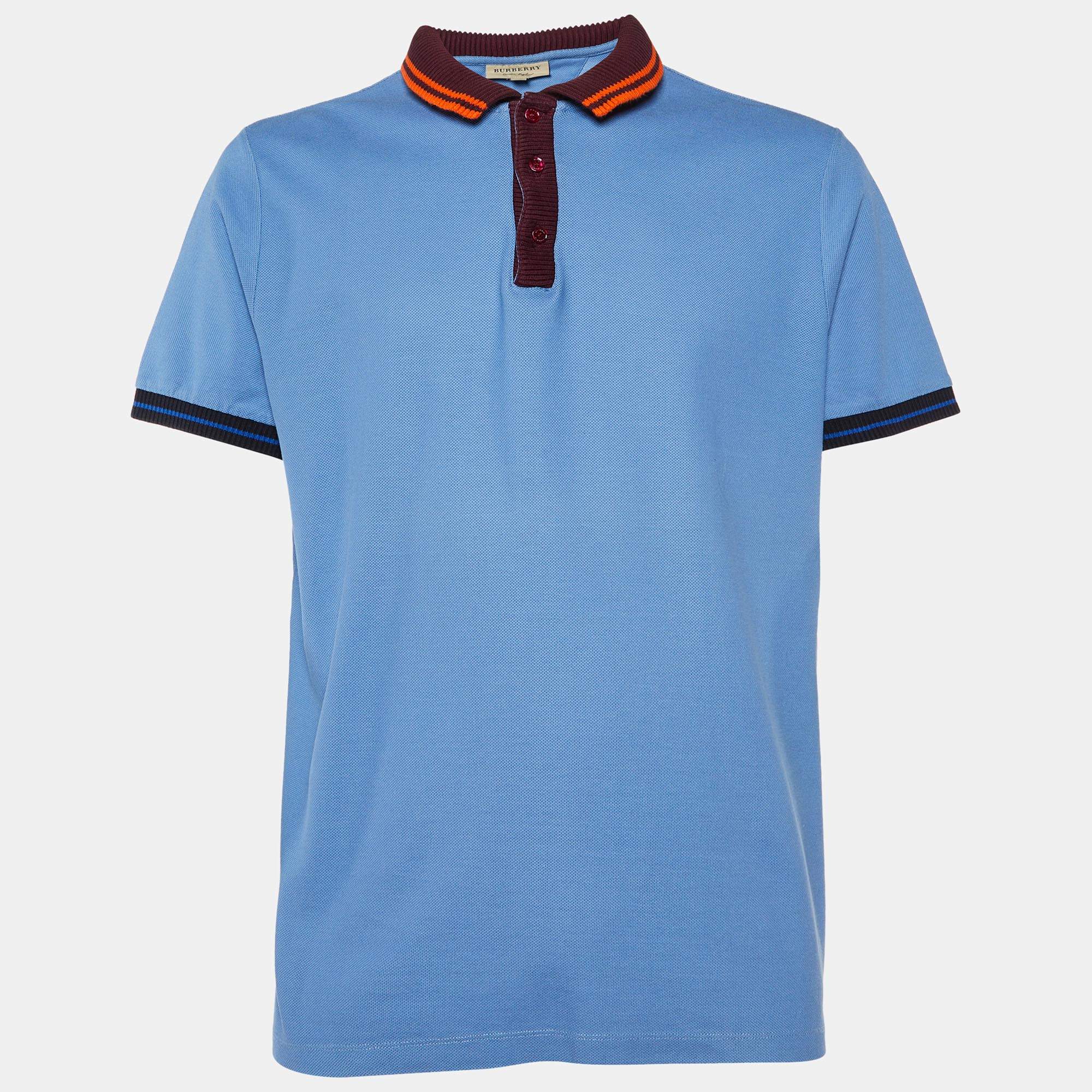 Burberry Blue Cotton Contrast Trim Polo T-Shirt XXL 