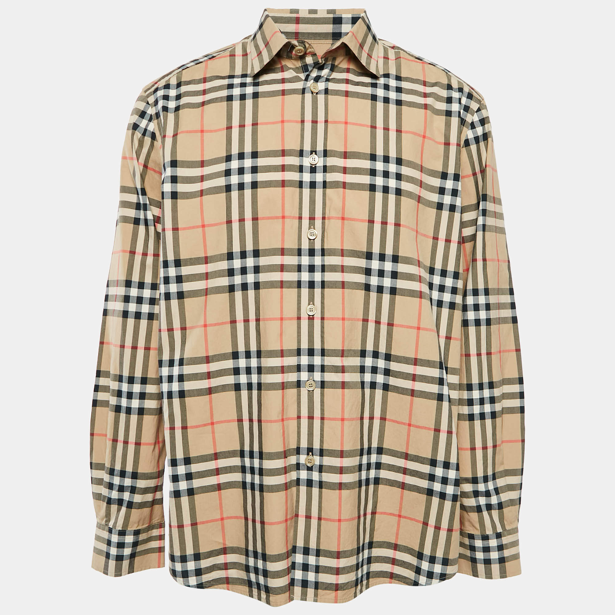Burberry Beige Checked Cotton Long Sleeve Shirt XL