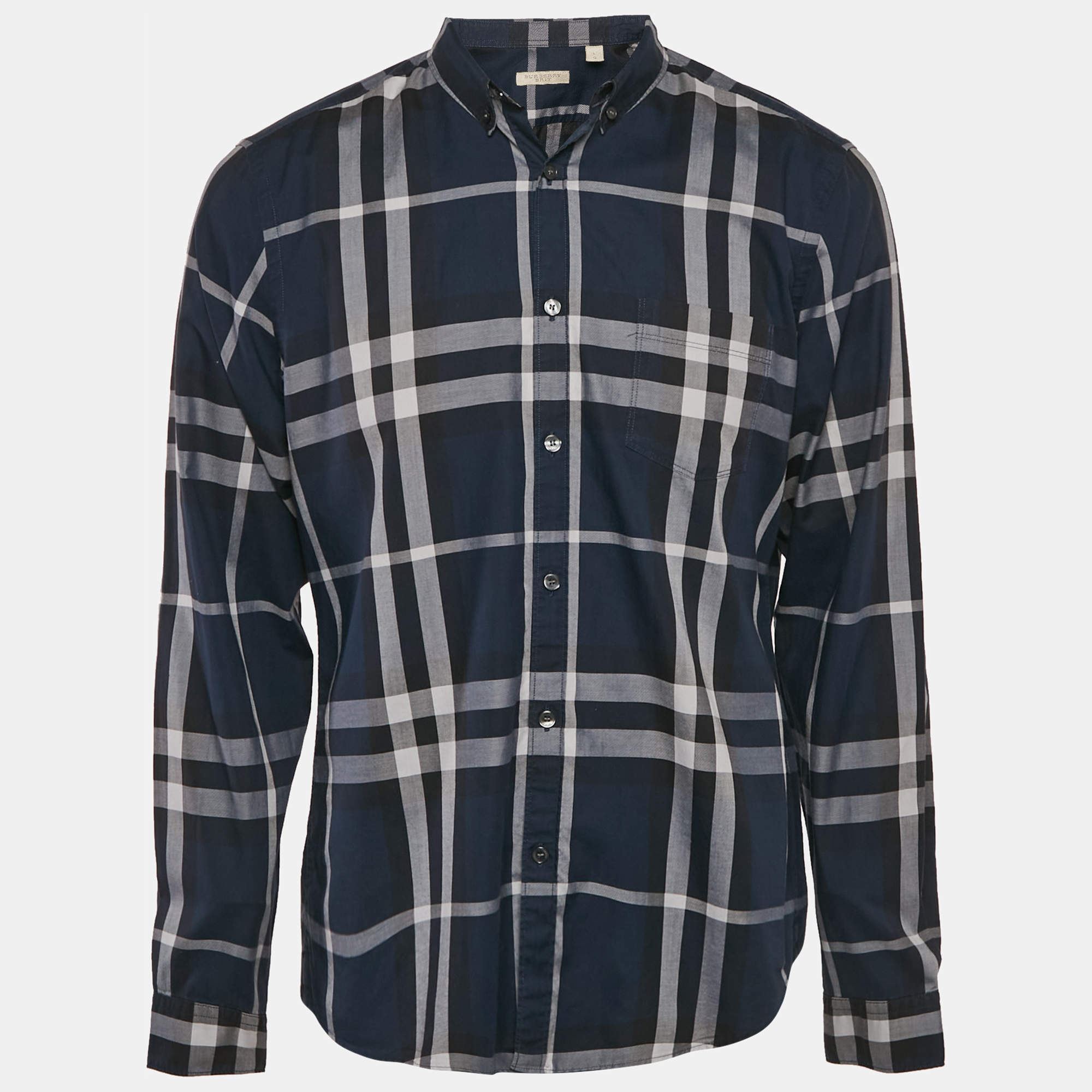 Burberry Navy Blue Plaid Cotton Button Down Shirt L