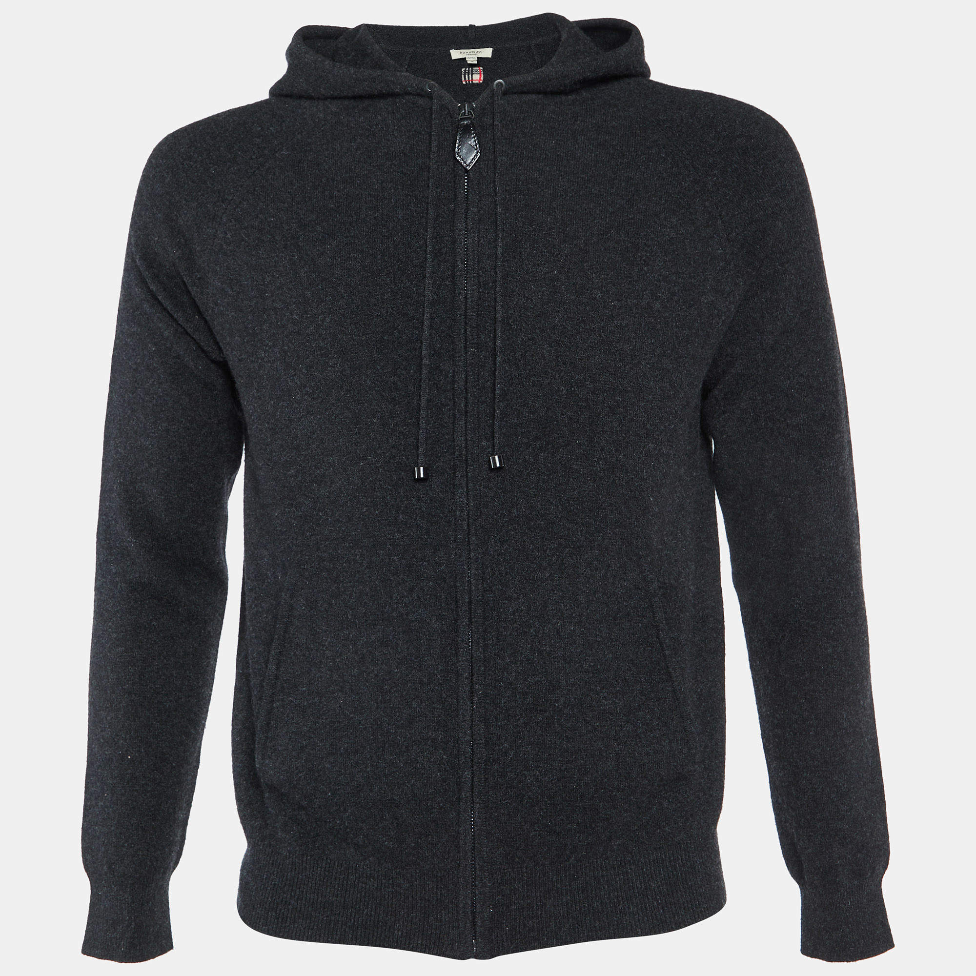 Pre Owned Burberry Charcoal Black Cashmere Knit Zip-Up Hooded Jacket M