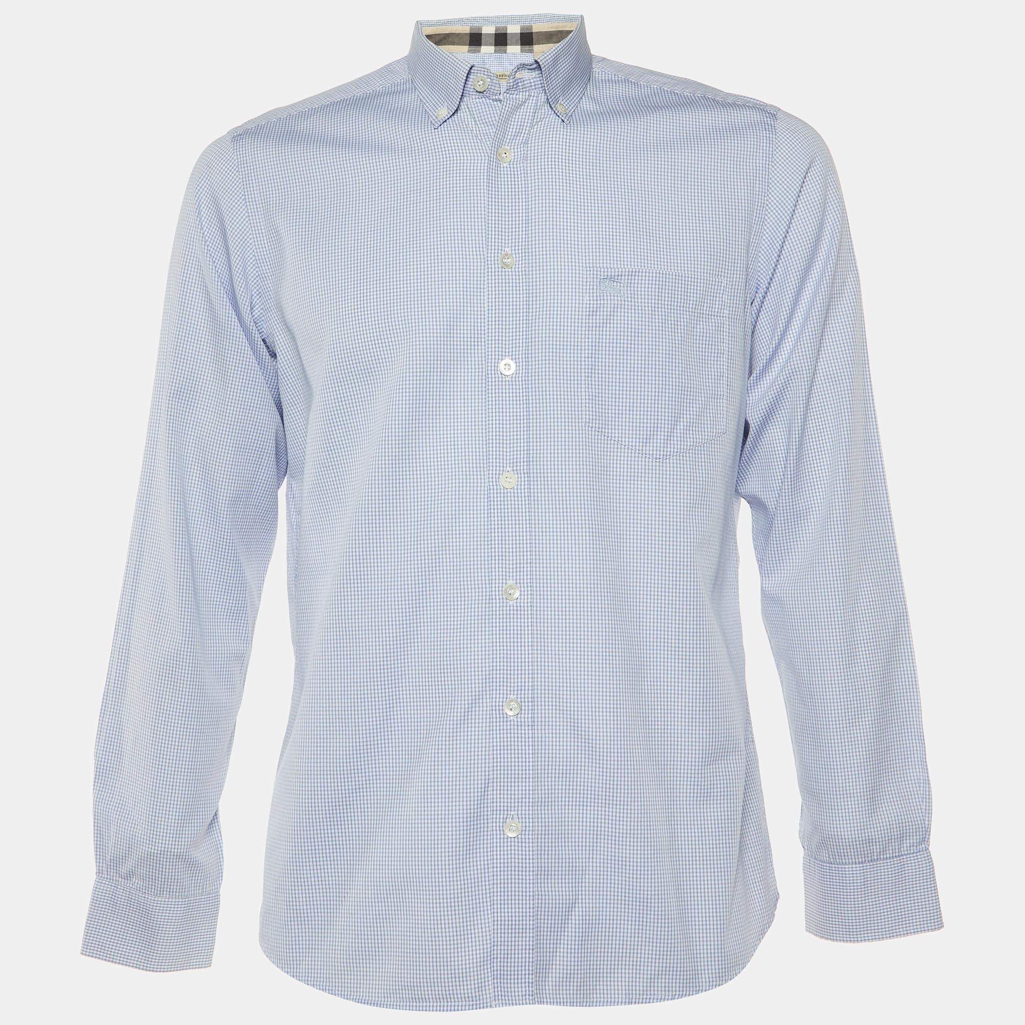 Burberry Blue Pin Checked Cotton Button Down Shirt M