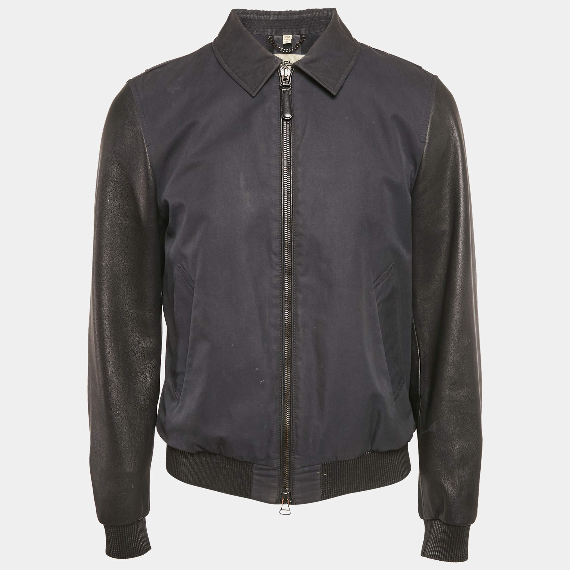 Burberry Navy Blue Cotton & Black Leather Zip Front Jacket M
