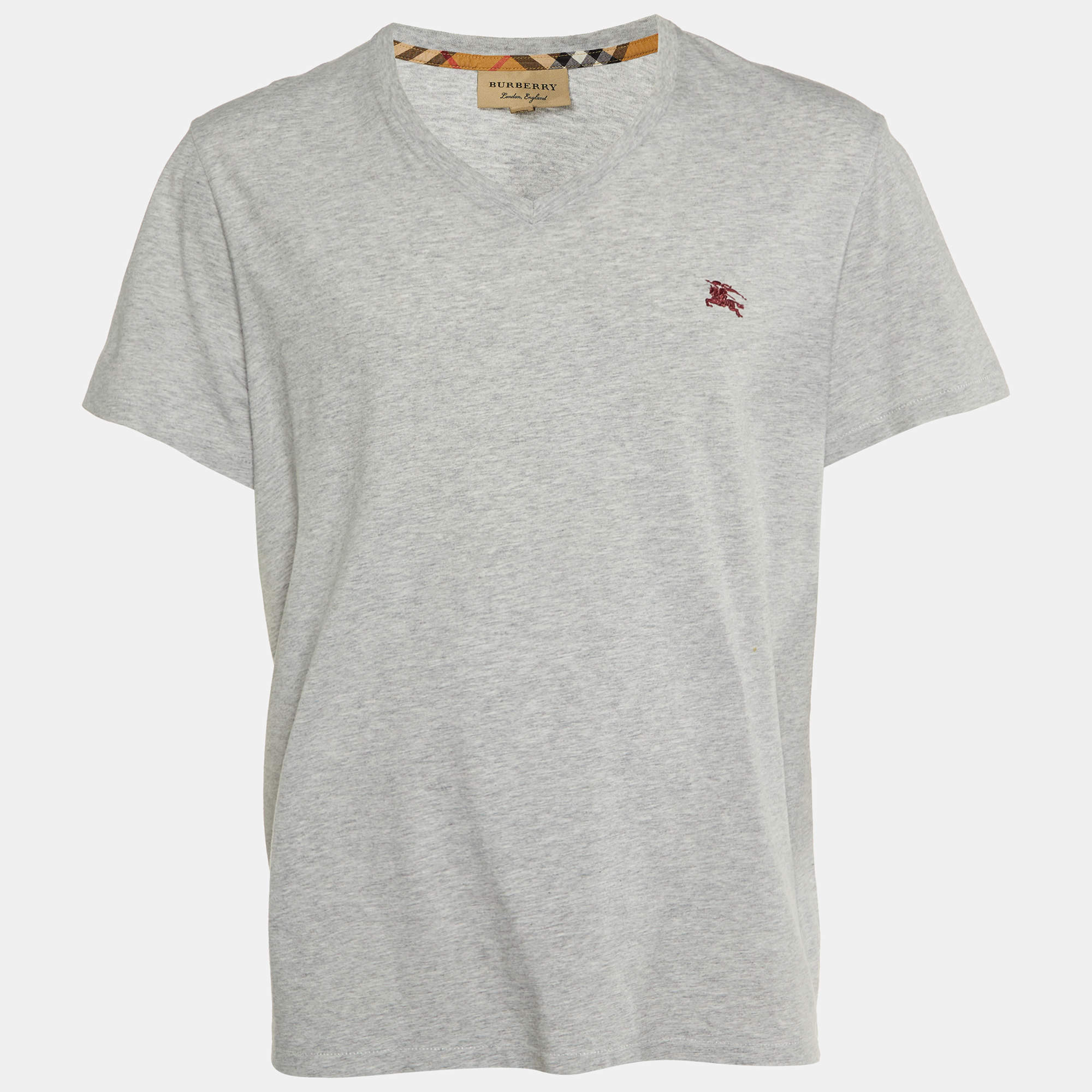 Burberry Grey Cotton V-Neck T-Shirt XXL