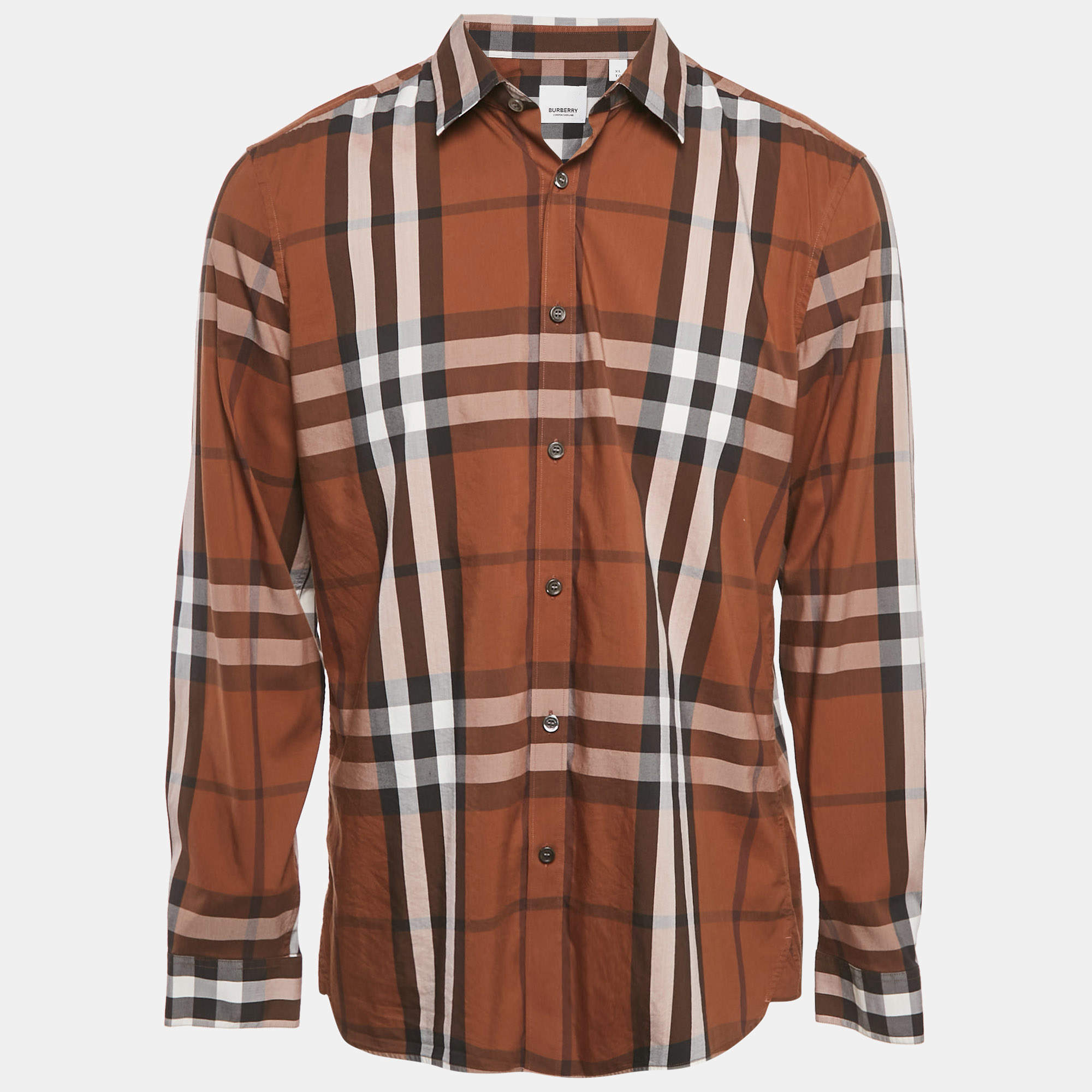 Pre Owned Burberry Brown Checkered Cotton Full Sleeve Shirt XL