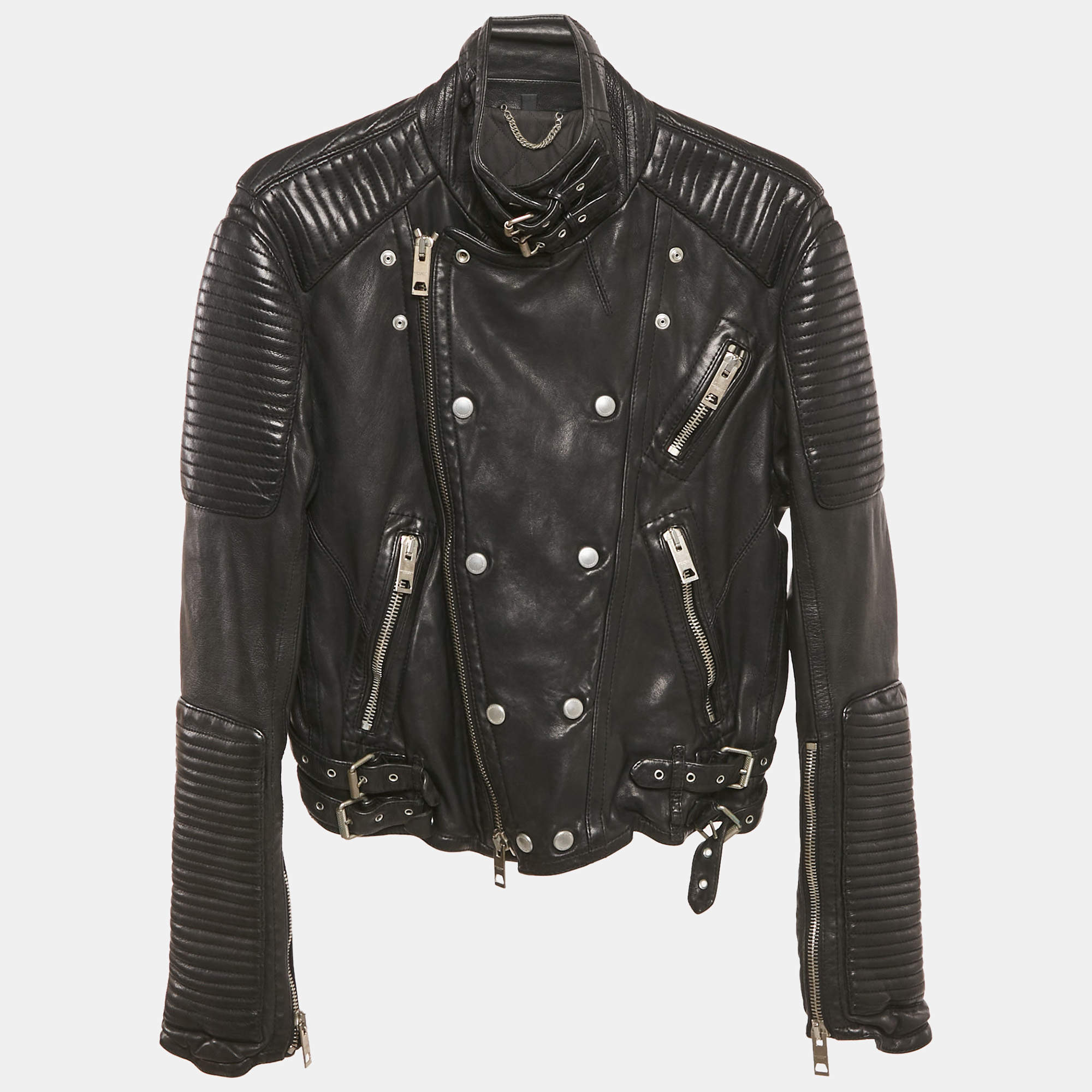 Pre Owned Burberry Black Leather Biker Jacket M