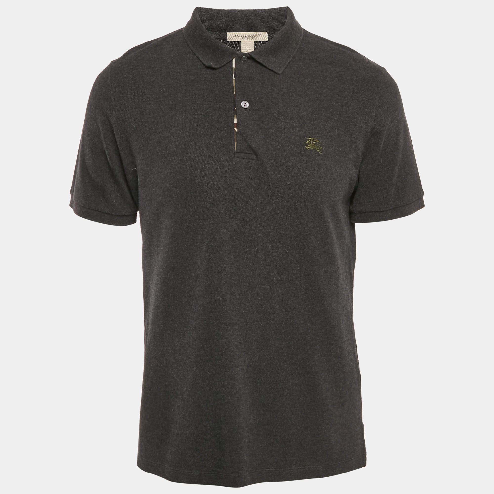 Burberry Grey Logo Embroidery Cotton Polo T-Shirt L