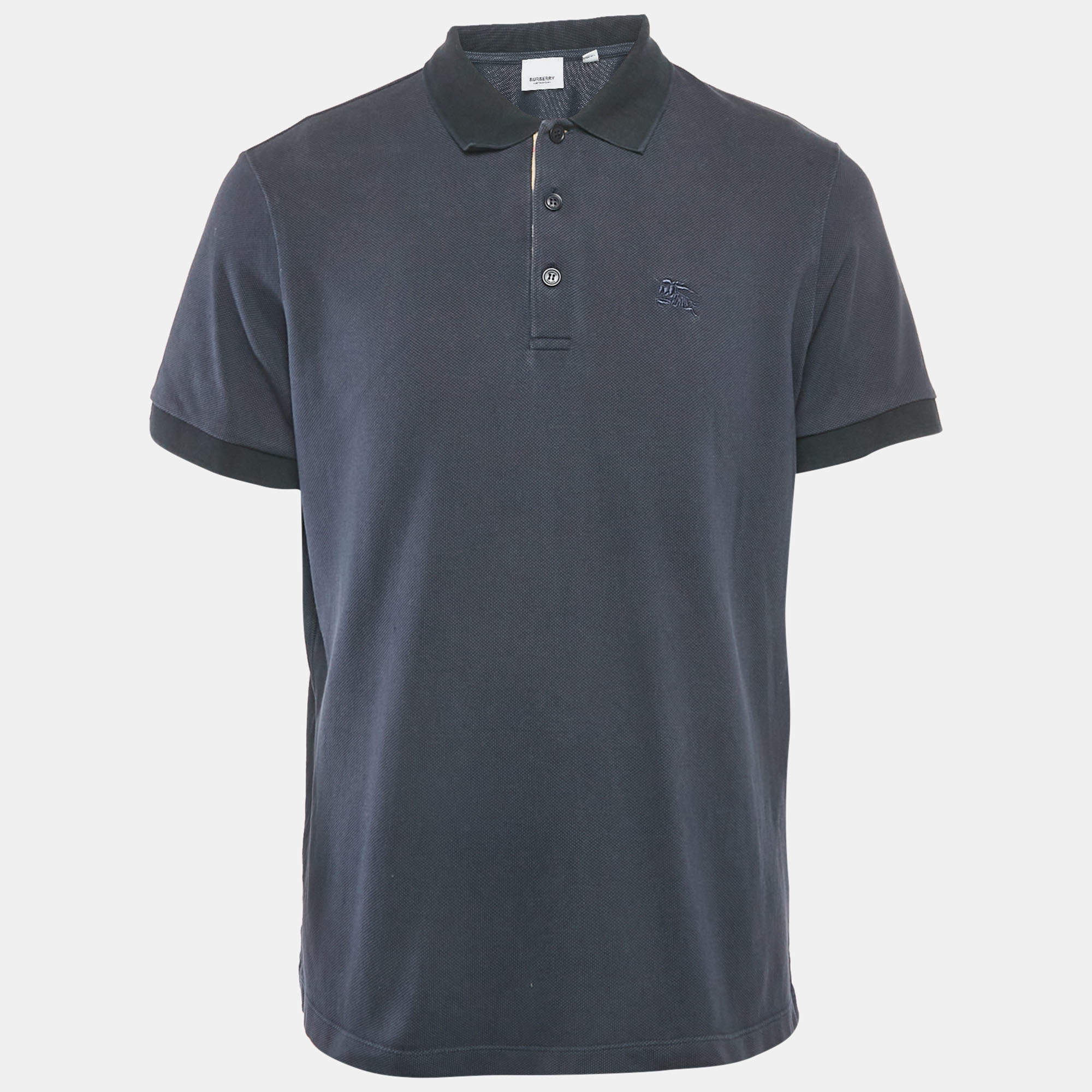 Pre Owned Burberry Navy Blue Logo Embroidery Cotton Pique Polo T-Shirt L