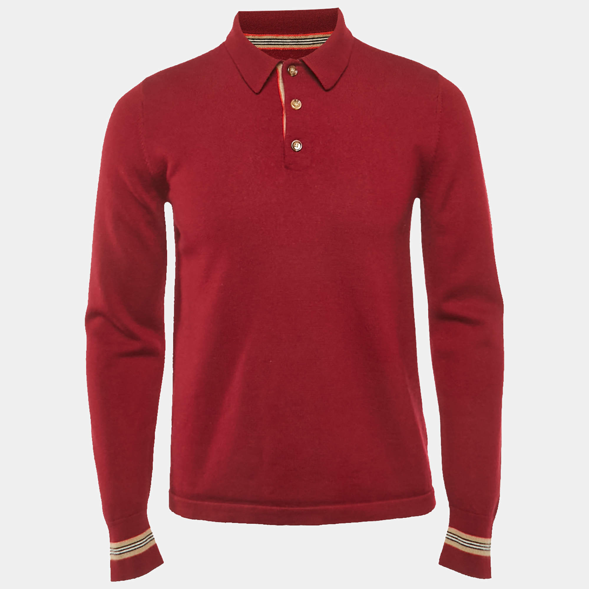 Pre Owned Burberry Dark Red Wool Knit Long Sleeve Polo T-Shirt XS
