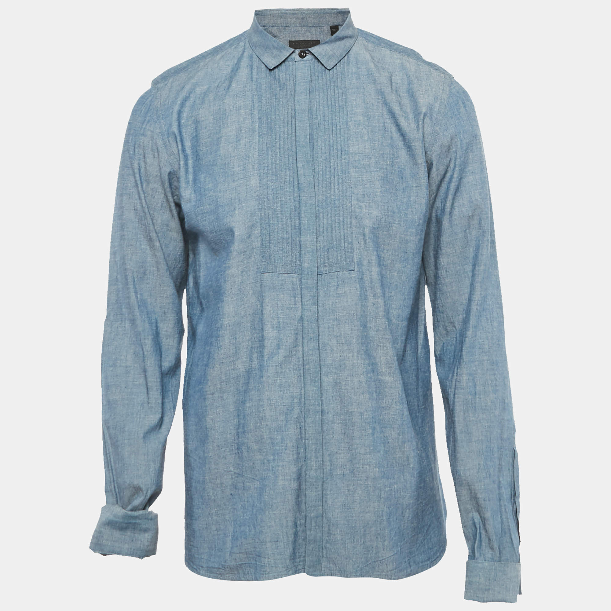 Pre Owned Burberry Blue Pintucks Chambray Double Cuff Shirt XL