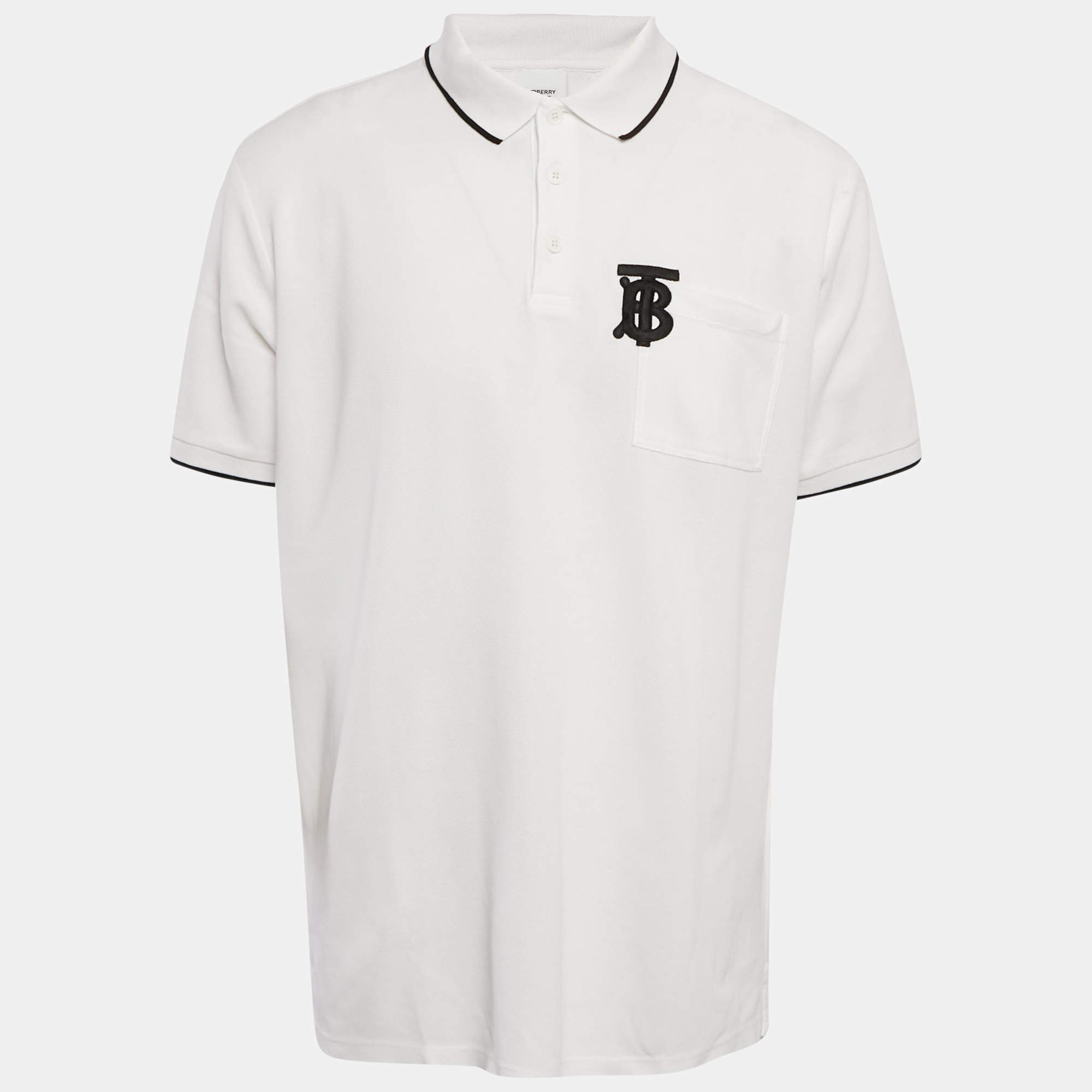 Pre Owned Burberry White Cotton TB Monogram Pique Polo T-Shirt L