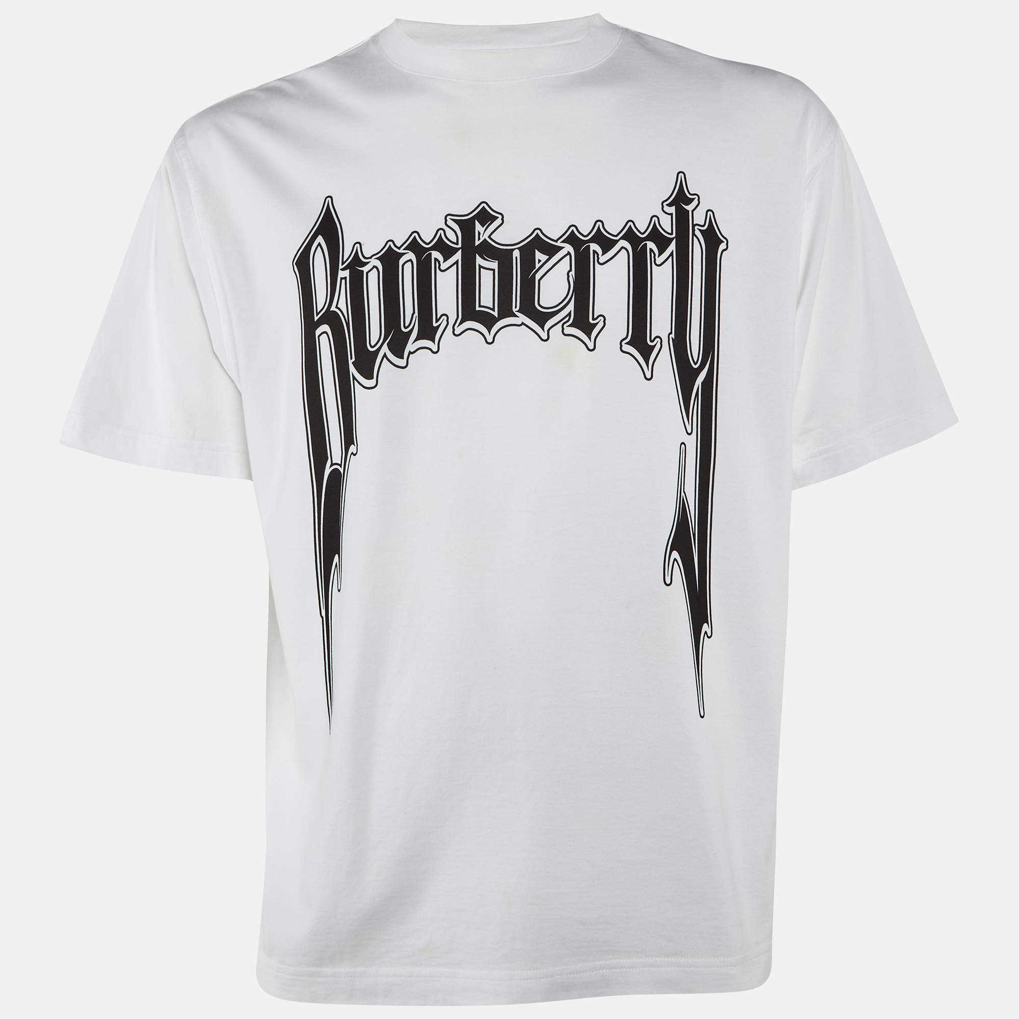 Pre Owned Burberry Off White/Black Printed Cotton Crew Neck T Shirt XS