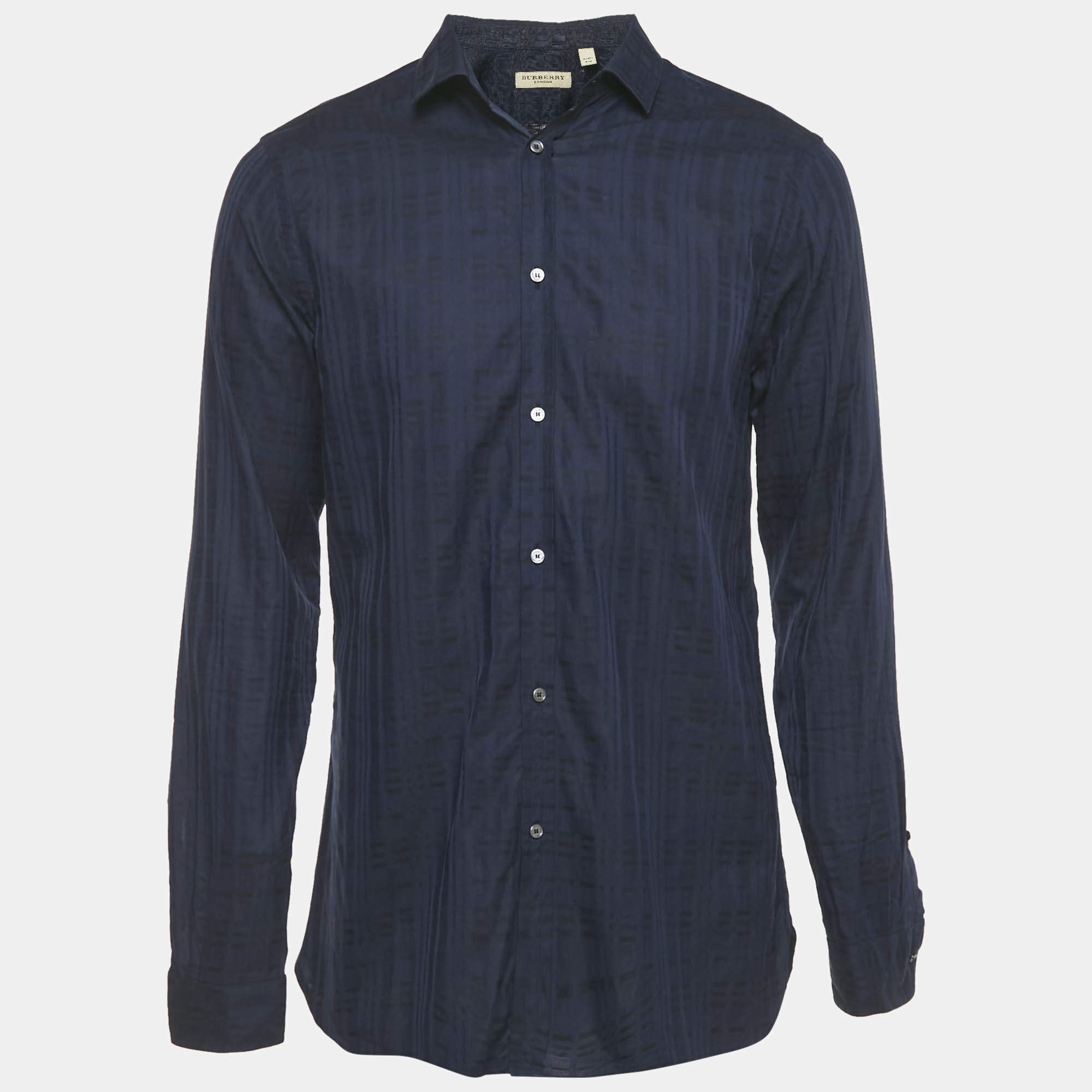 Pre Owned Burberry Navy Blue Checks Cotton Tailored Shirt L