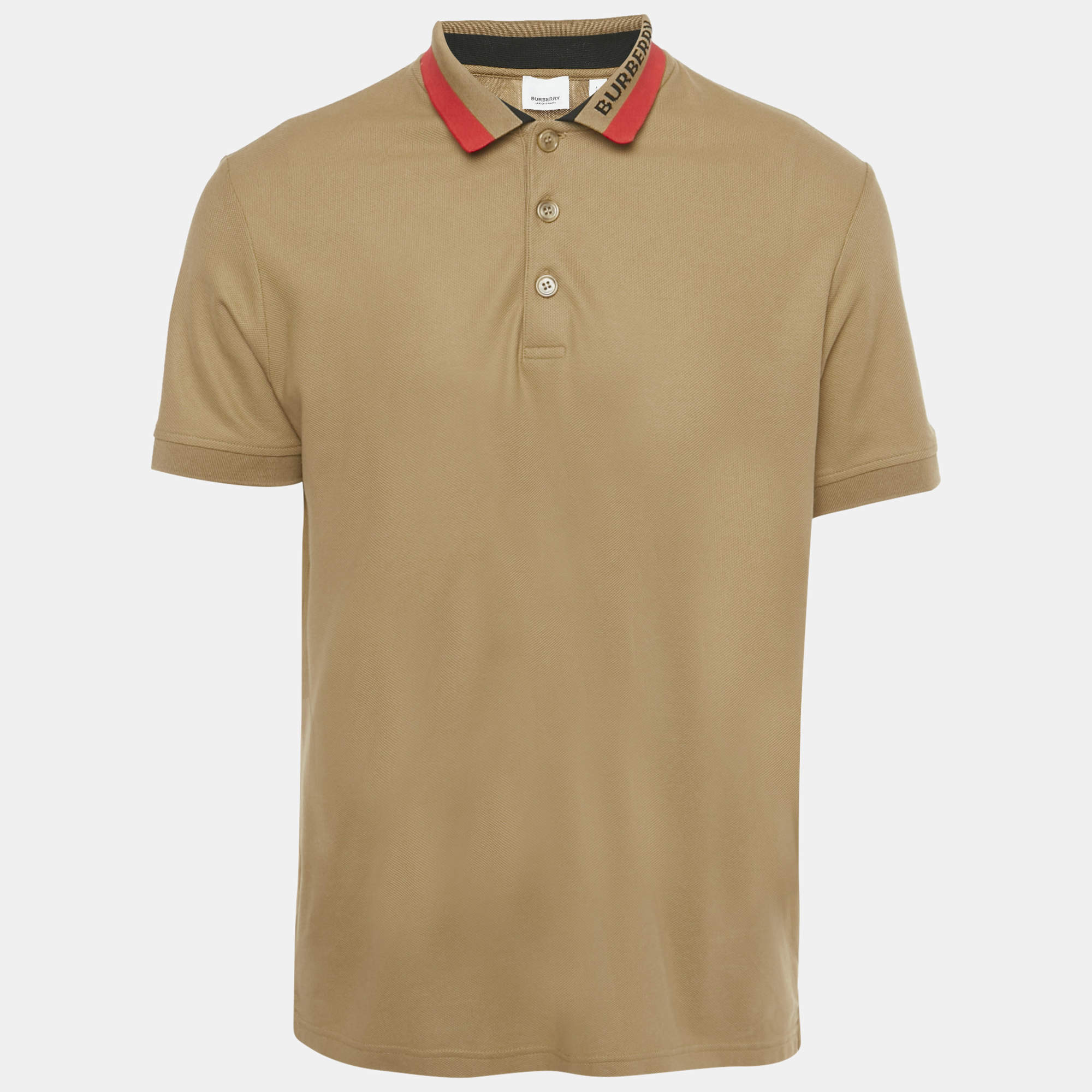 Pre Owned Burberry Brown Striped Logo Trim Cotton Pique Polo T-Shirt L 