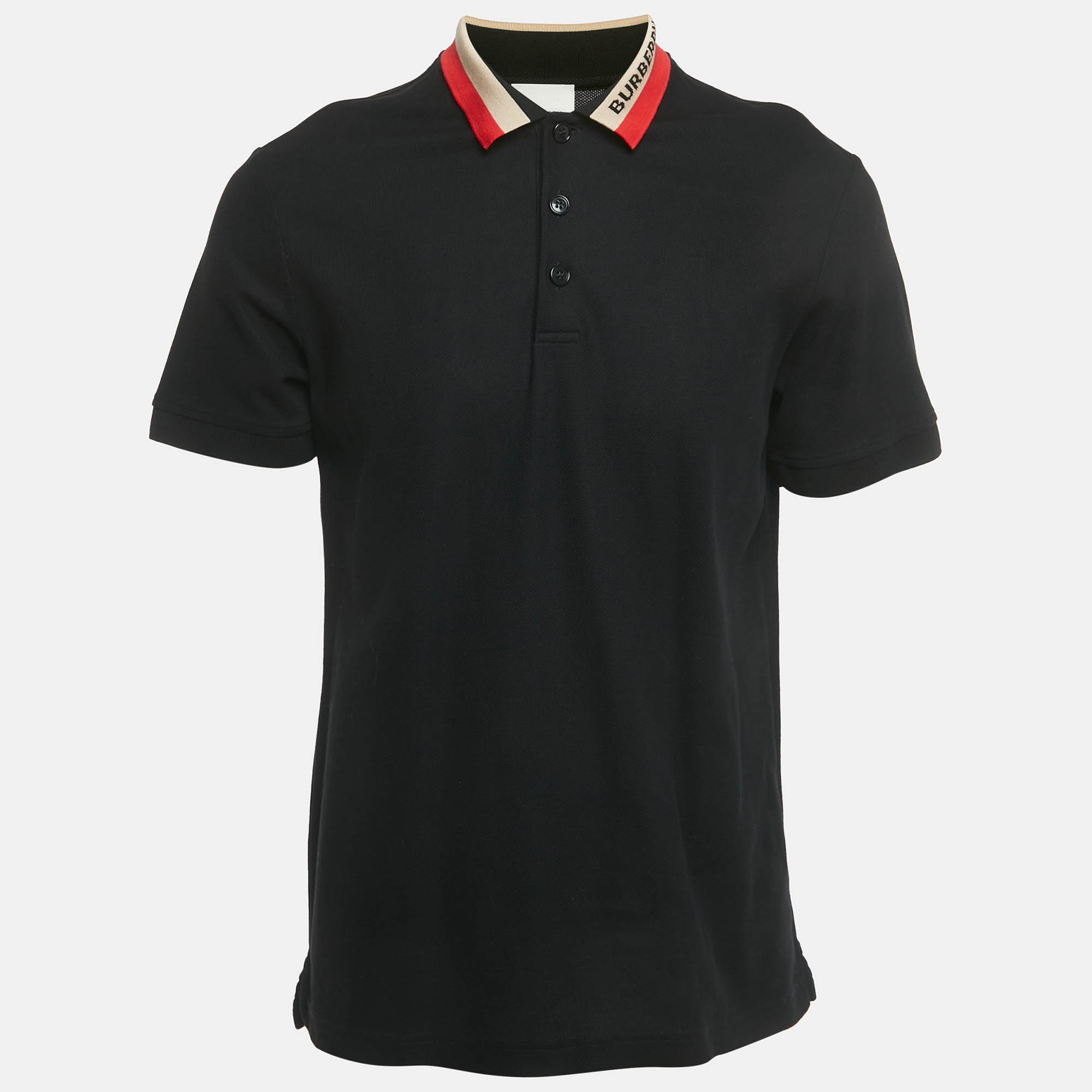 Pre Owned Burberry Black Striped Logo Trim Cotton Edney Polo T-Shirt L