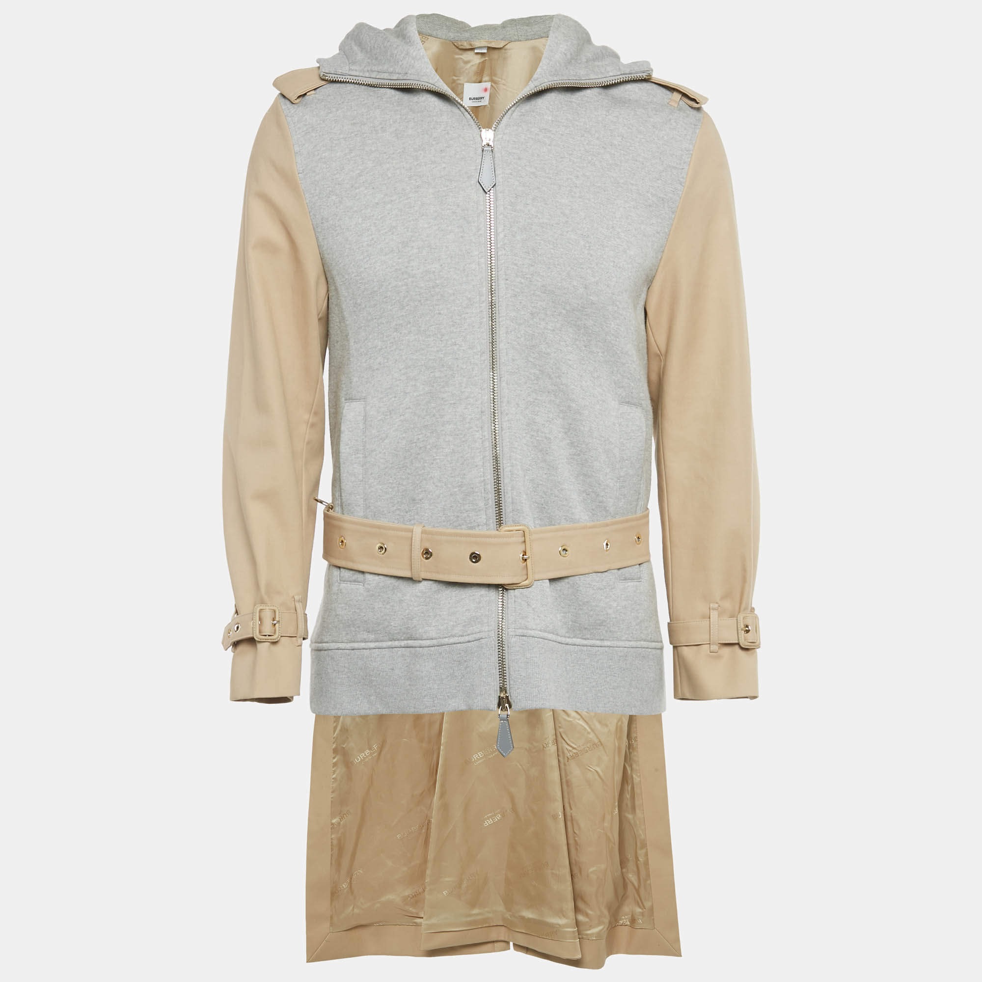 Pre Owned Burberry Beige /Grey Cotton Hooded Trench Coat XS