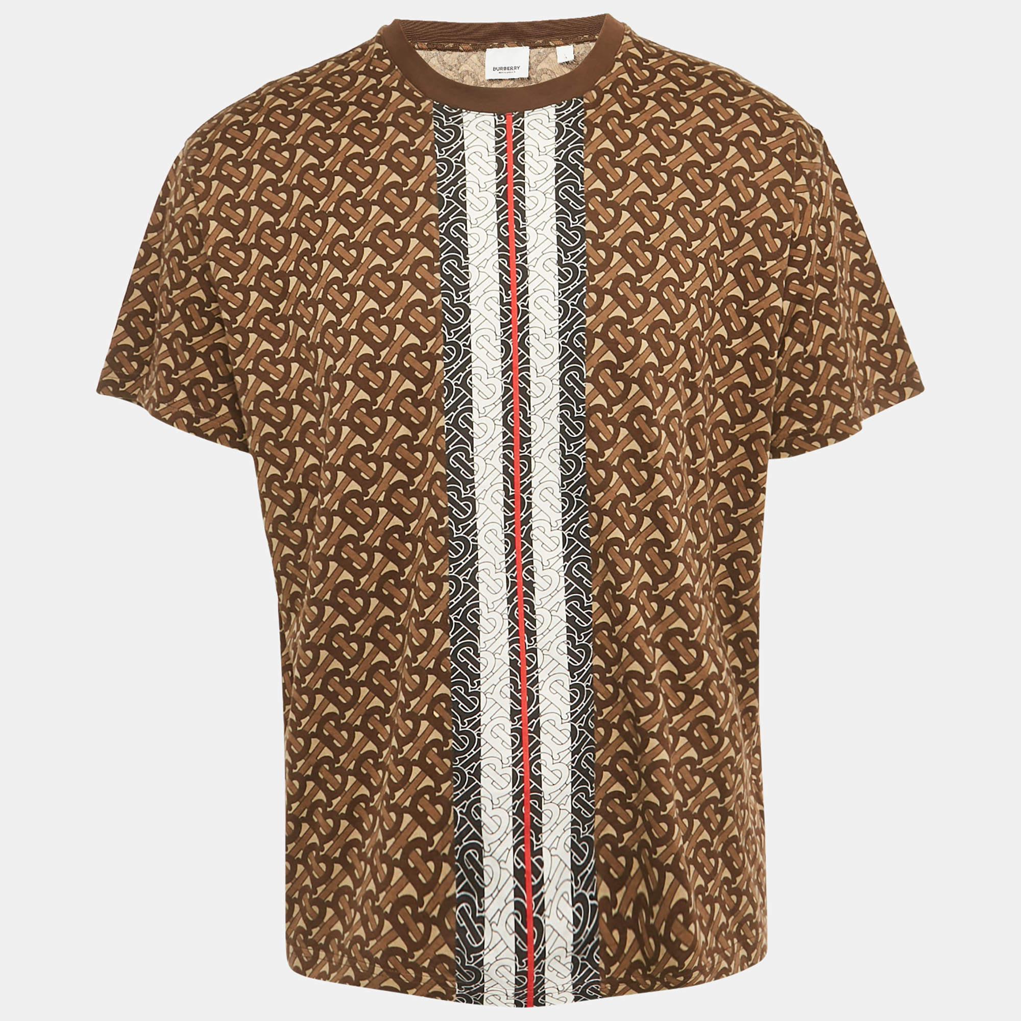 Pre Owned Burberry Brown TB Monogram Striped Cotton Crew Neck T-Shirt L