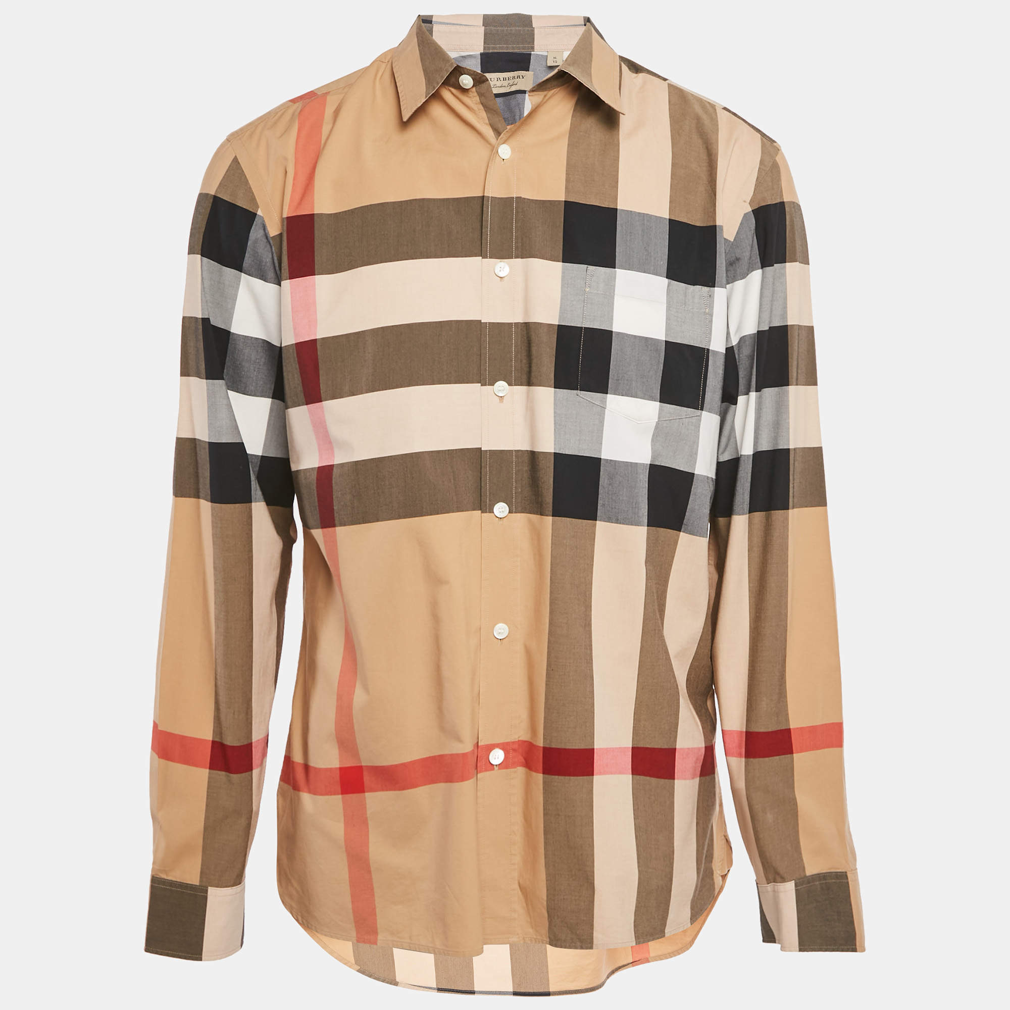 Pre Owned قميص بربري بيج مربعات أكمام طويلة قطن مقاس كبير جدا