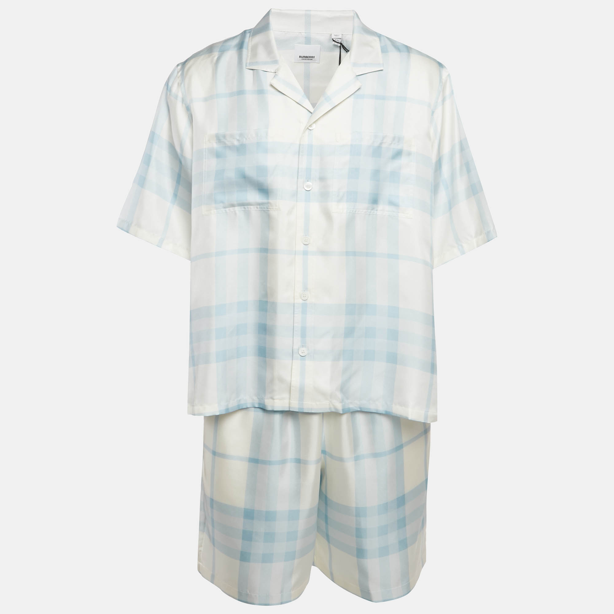 Pre Owned Burberry Blue Check Print Silk Shirt and Shorts Set XXL/XL