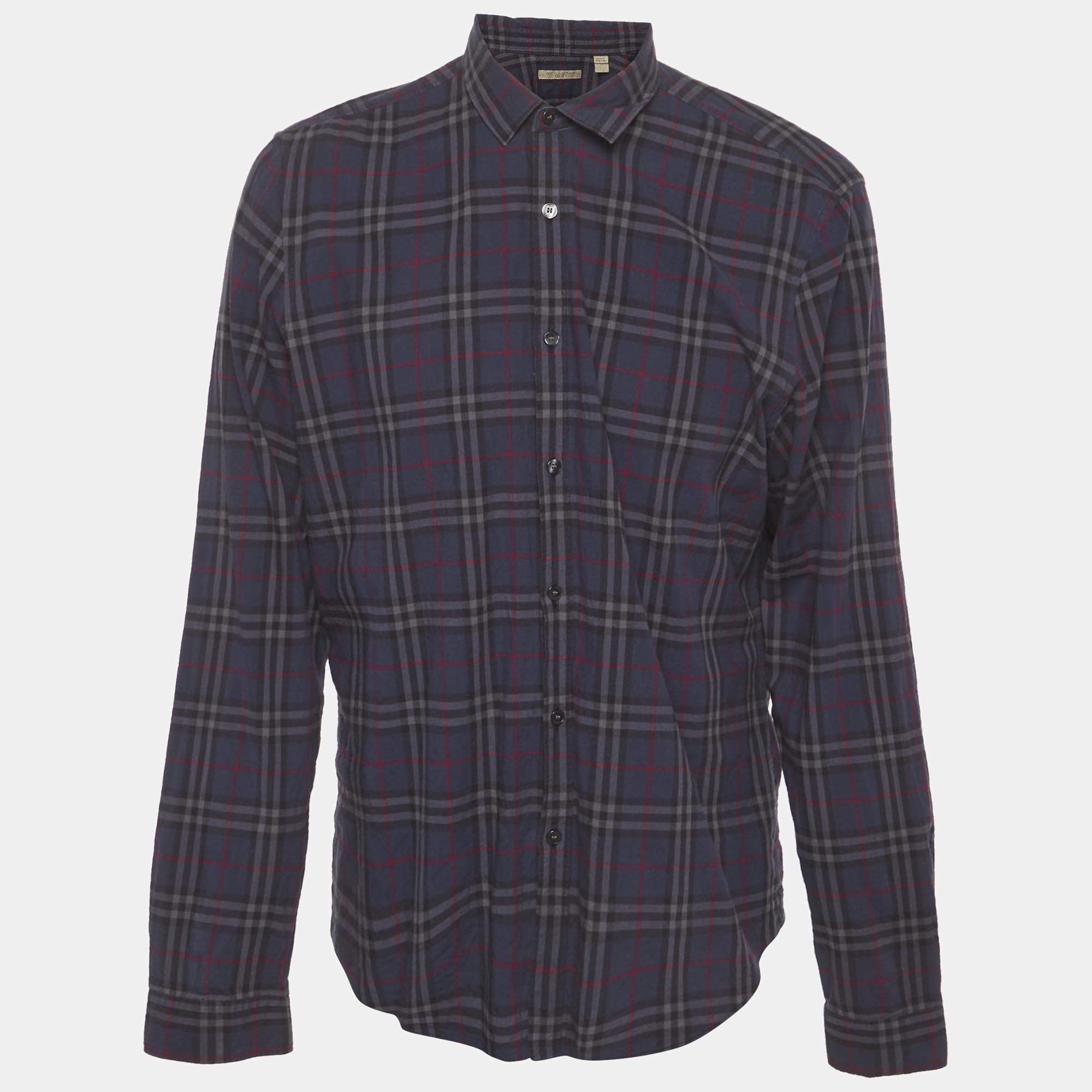 مملوكة مسبقًا Burberry Navy Blue Nova Check Plaid Button Up Shirt XL