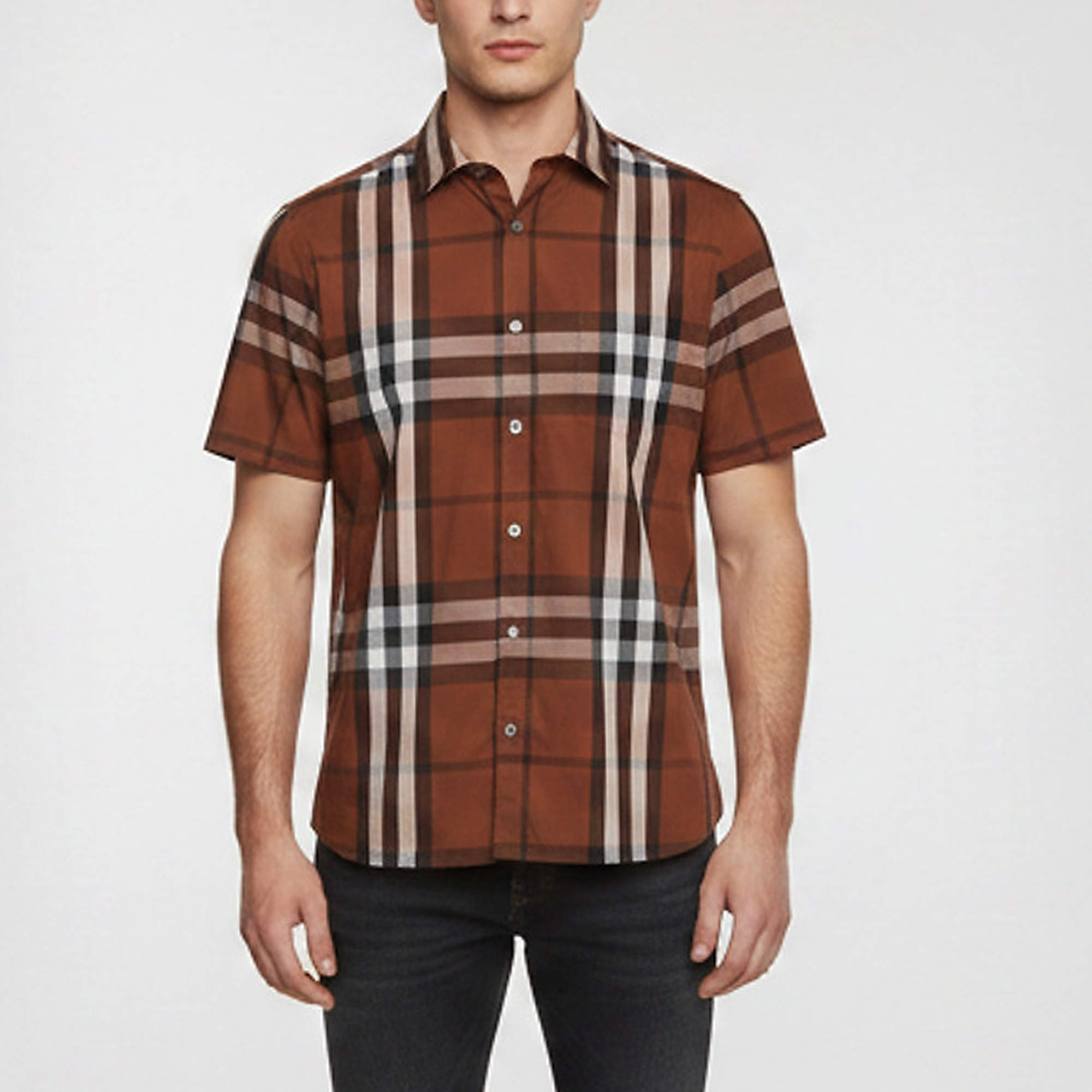 مملوكة مسبقًا Burberry Brown Check Print Poplin Short Sleeve Shirt L