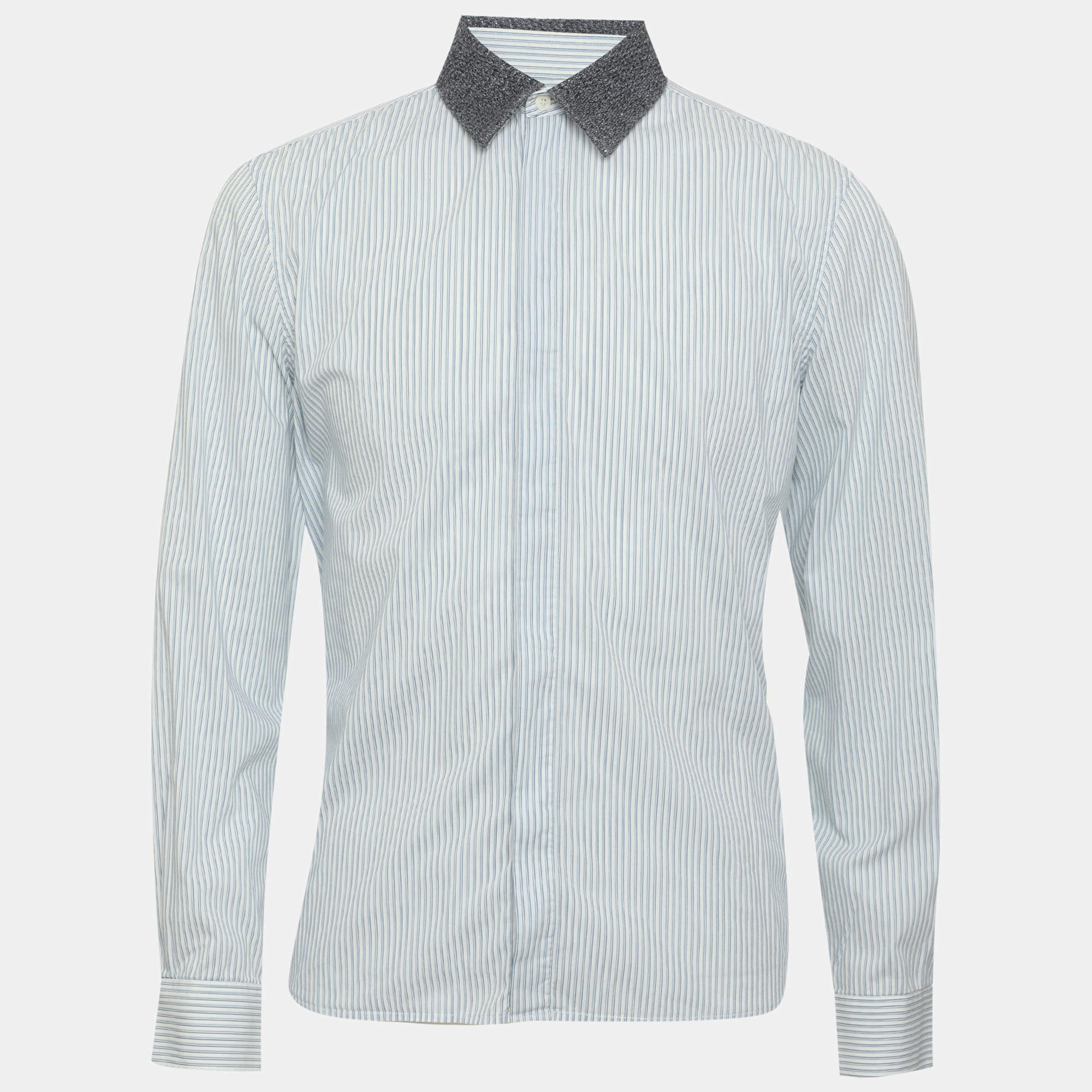 Pre Owned Burberry Blue Pinstriped Stretch Cotton Blend Long Sleeve Tailored Shirt S