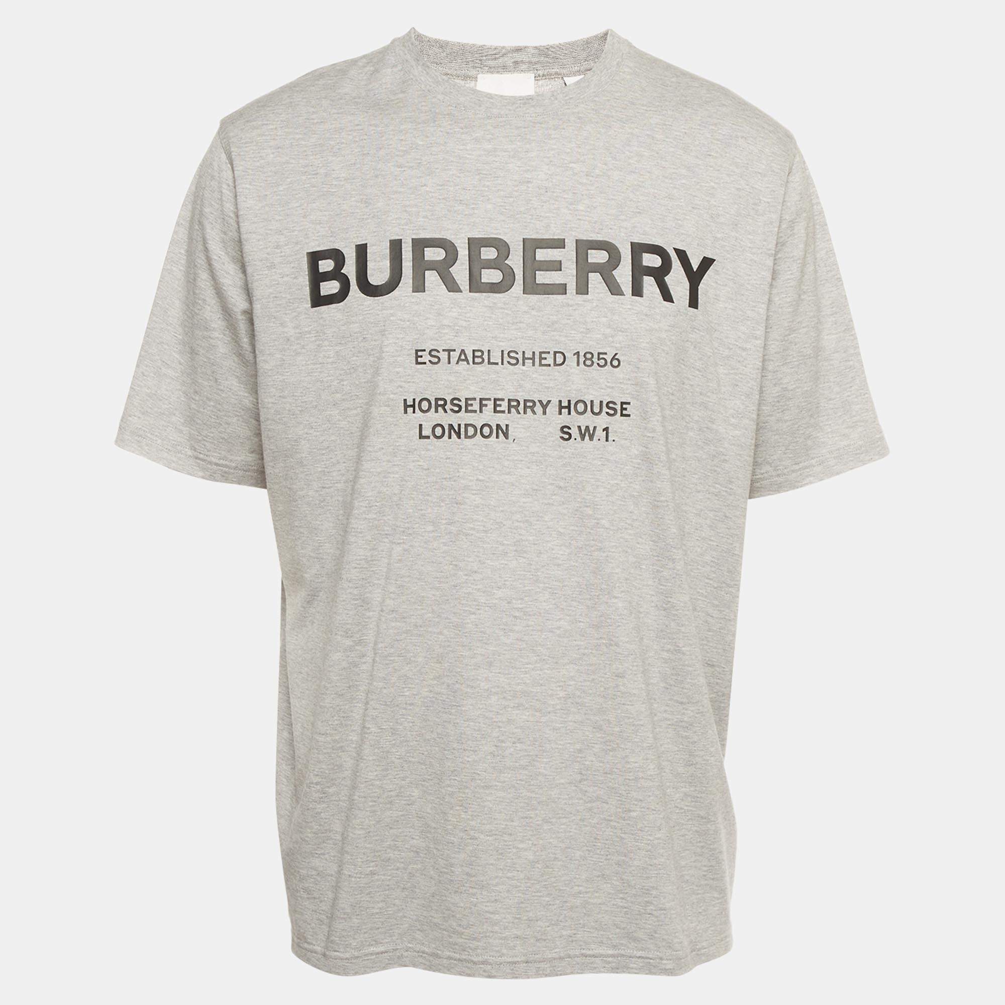 Pre Owned Burberry Grey Printed Jersey Short Sleeve T-Shirt L