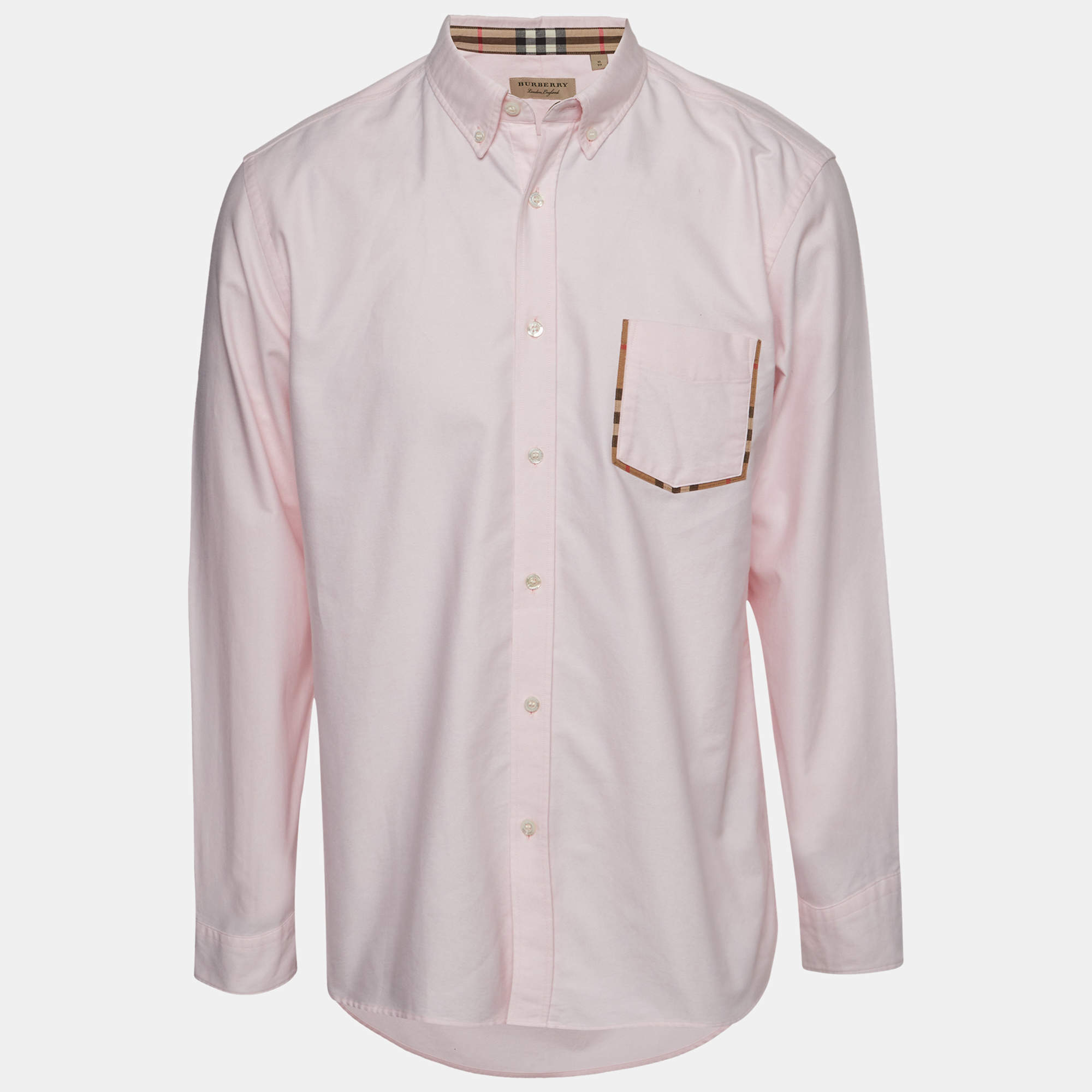 Pre Owned Burberry Pink Nova Check Trim Cotton Button Down Shirt XL