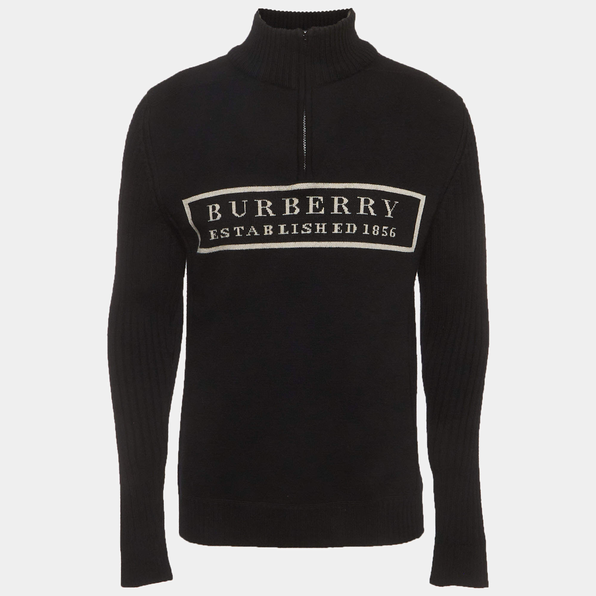 Pre Owned Burberry Black Printed Wool High Funnel Collar Long Sleeve Sweater L