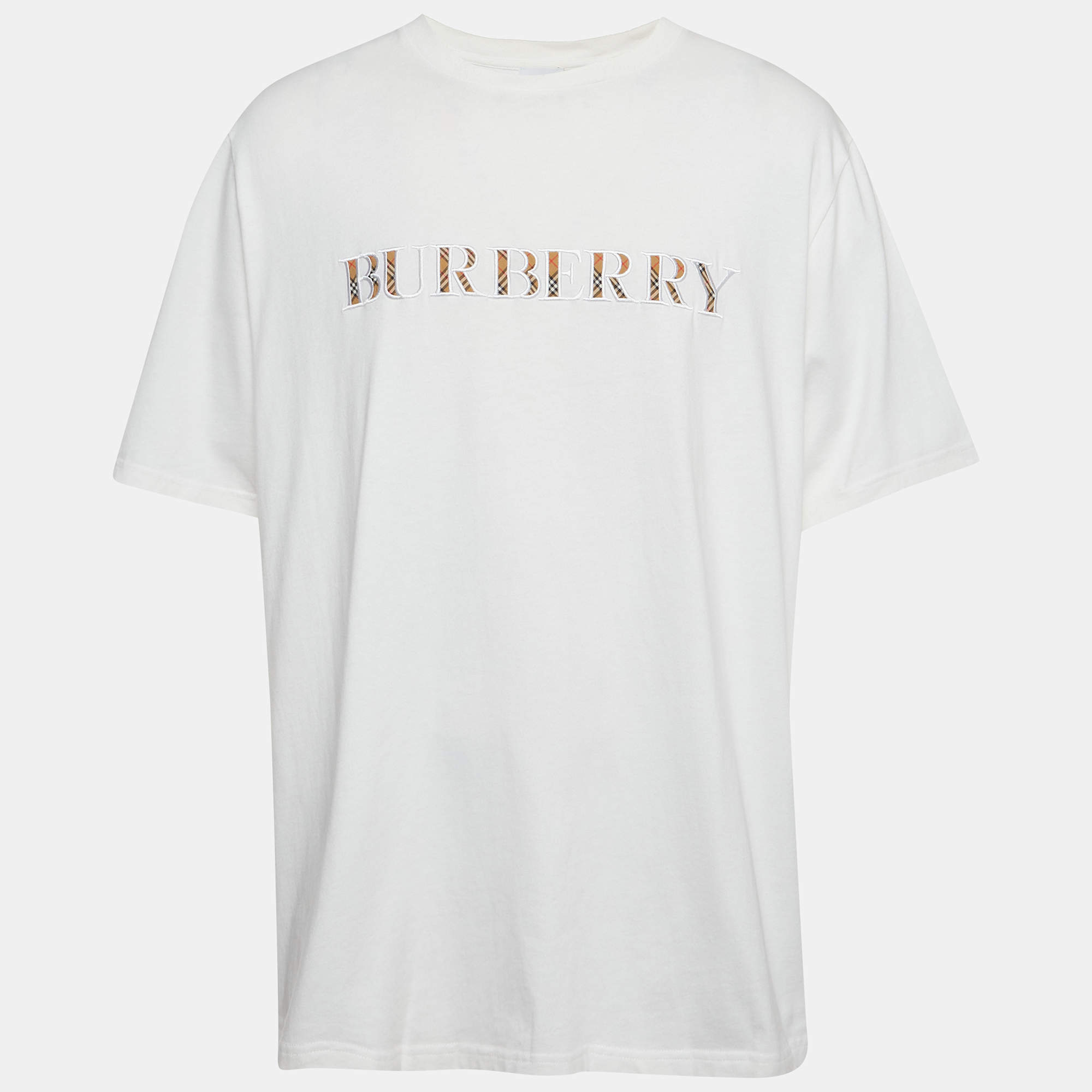 Pre Owned Burberry Cream Embroidered Logo Jersey Short Sleeve T-Shirt XXL 