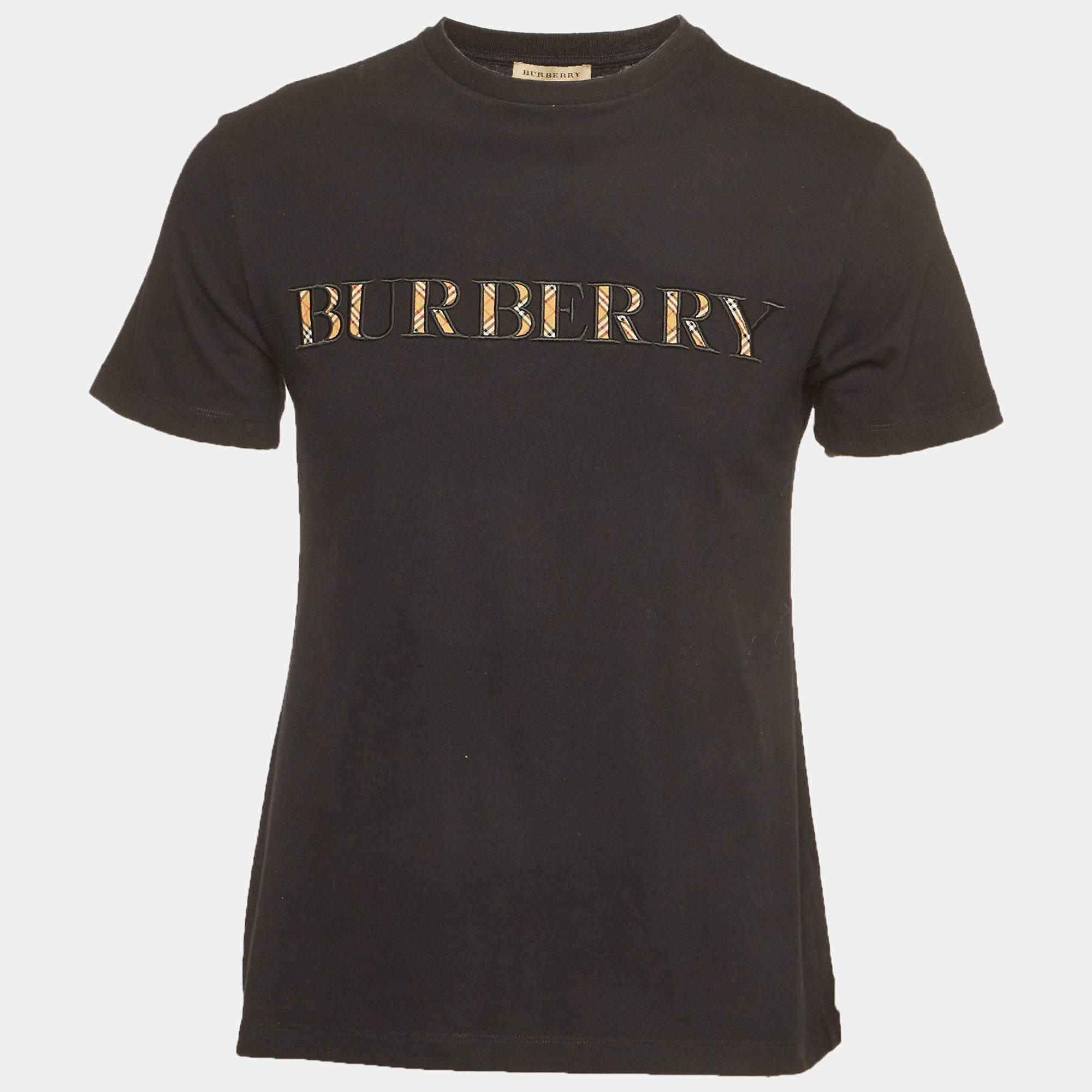 Pre Owned Burberry Black Checked Logo Embroidered Jersey T-Shirt S