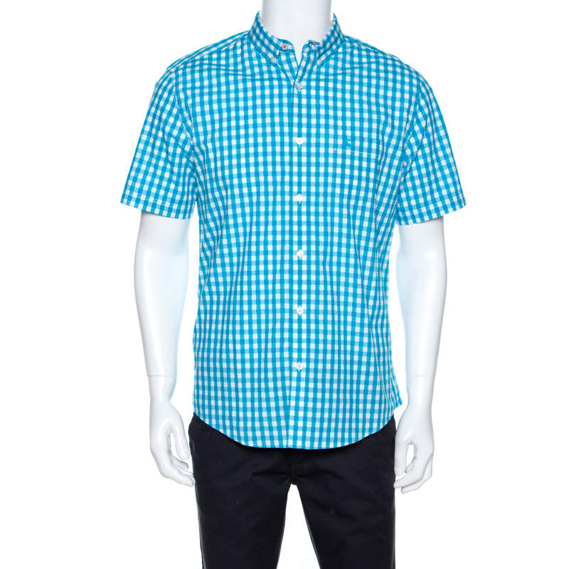 Pre Owned Burberry Brit Bicolor Gingham Check Cotton Short Sleeve Shirt XL