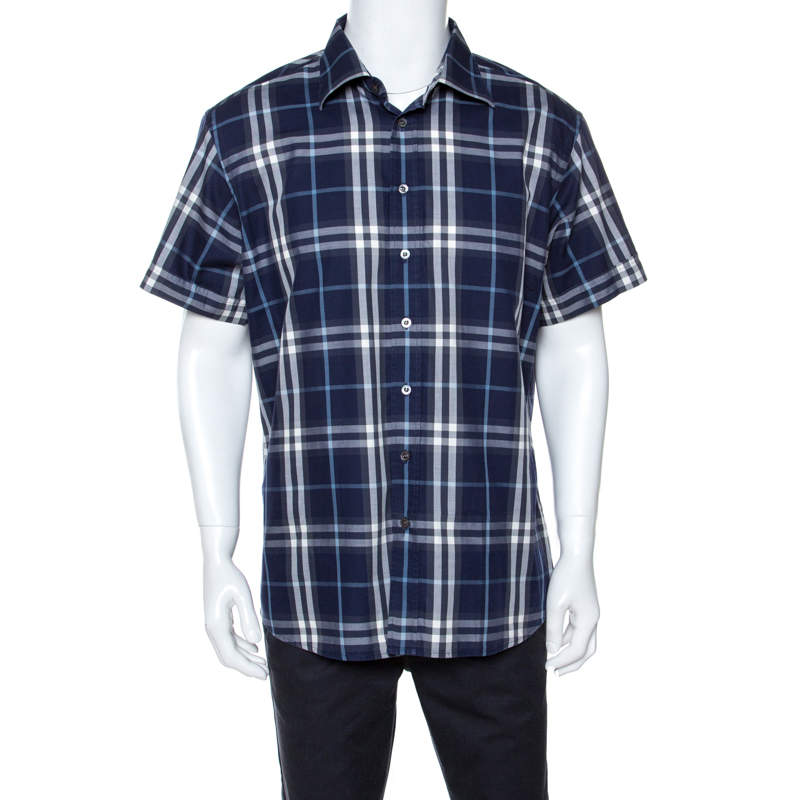 Burberry Navy Blue Plaid Cotton Slim Fit Short Sleeve Shirt XXL 