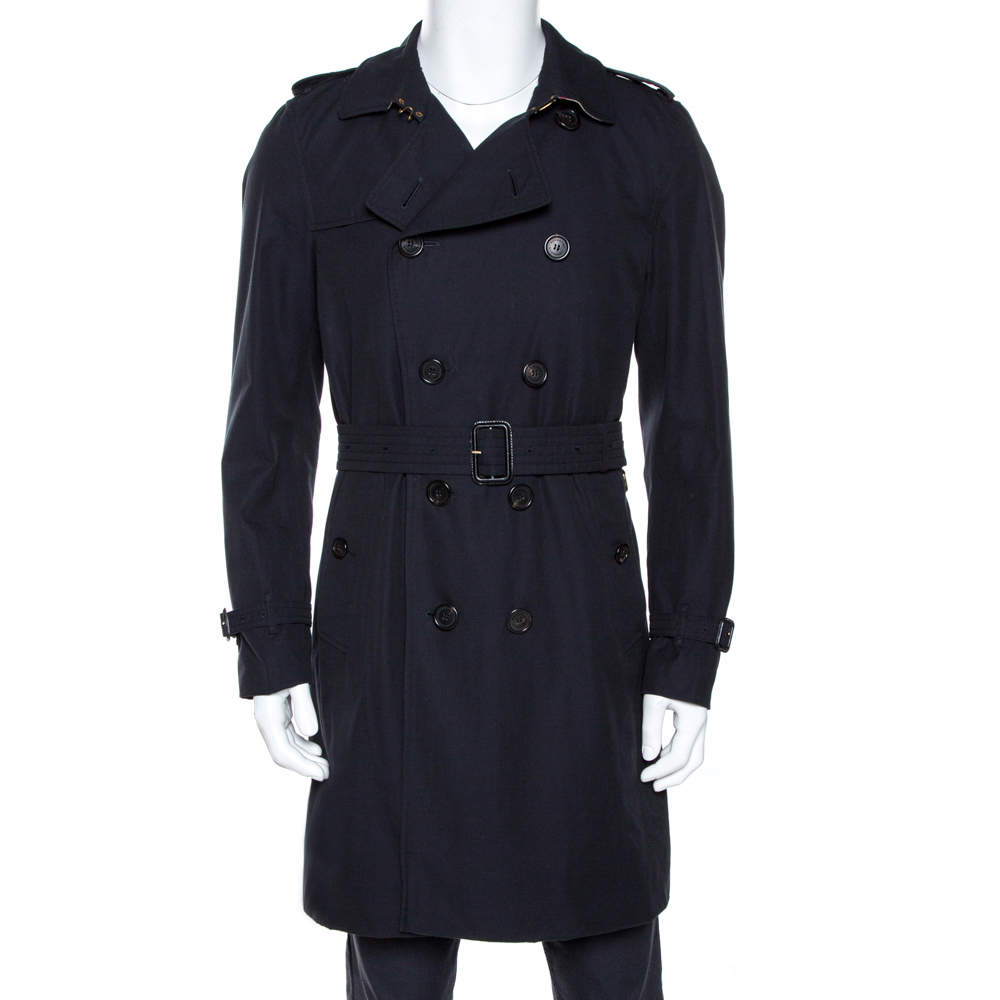 Burberry Navy Blue Cotton Kensington Mid Length Trench Coat L Burberry ...